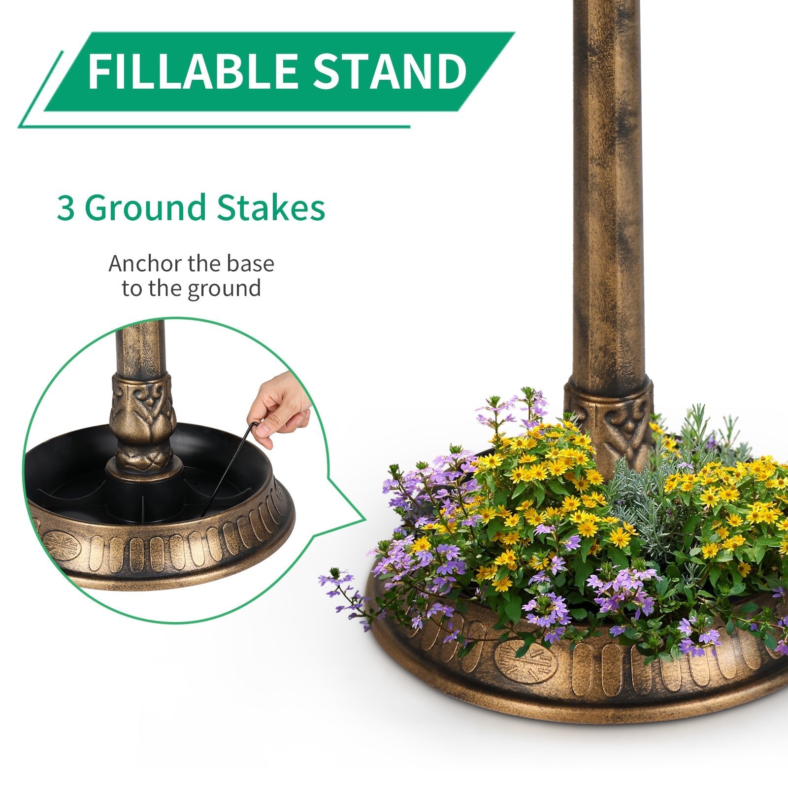 GJB Products: Bronze 15c20x42” Birdbath and Solar Powered LED Light with Fillable Base - GJB PRODUCTS