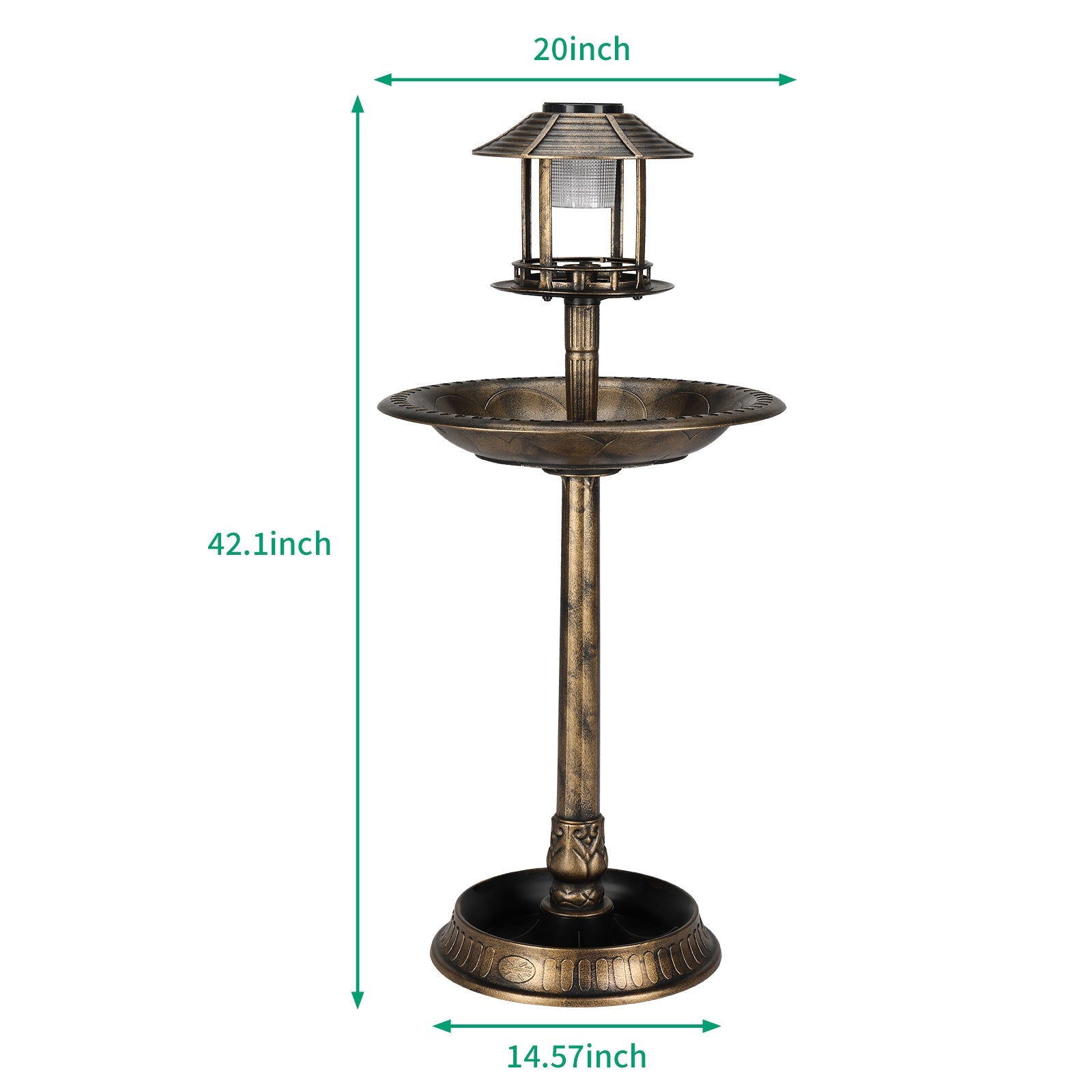GJB Products: Bronze 15c20x42” Birdbath and Solar Powered LED Light with Fillable Base - GJB PRODUCTS