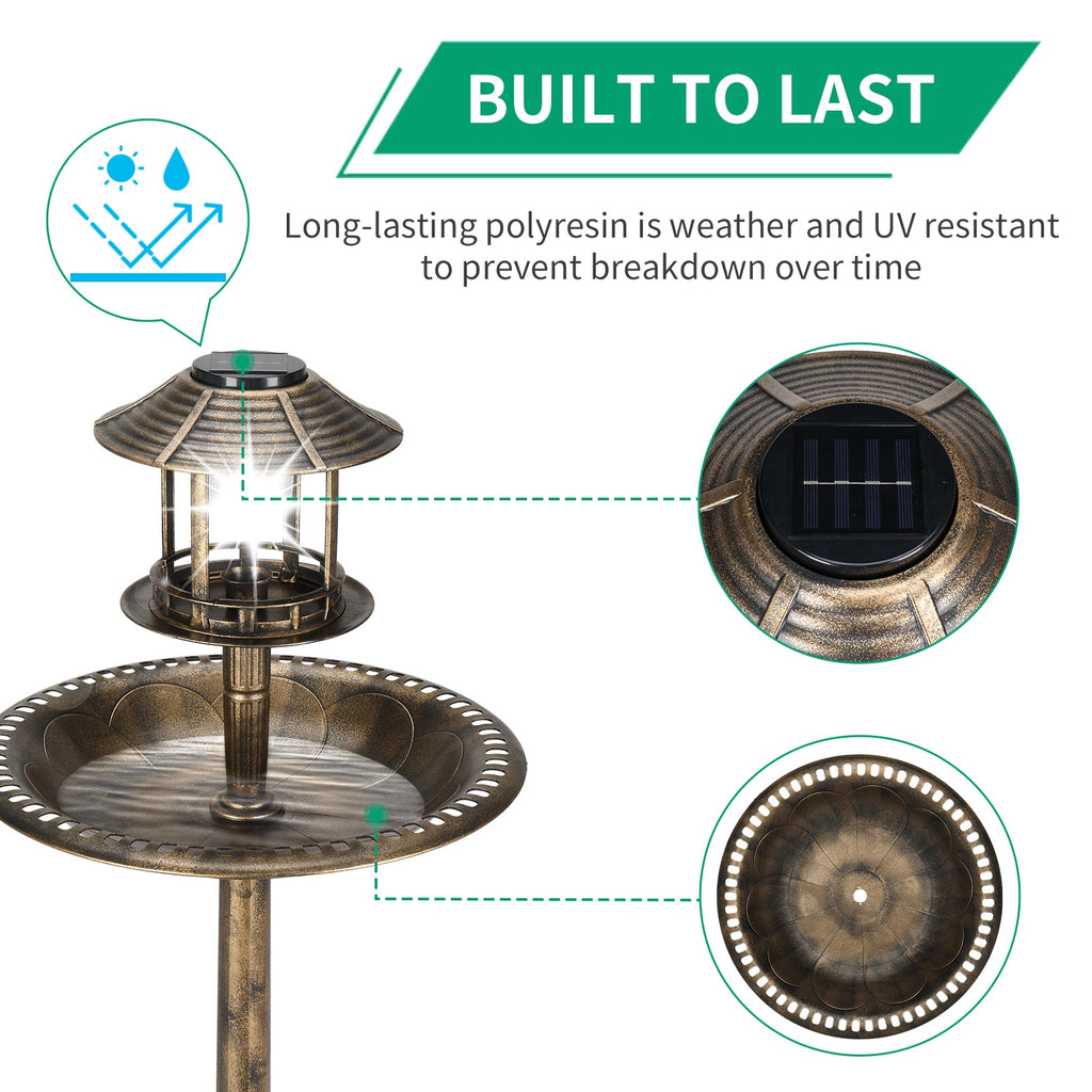 GJB Products: Bronze 15c20x42” Birdbath and Solar Powered LED Light with Fillable Base - GJB PRODUCTS
