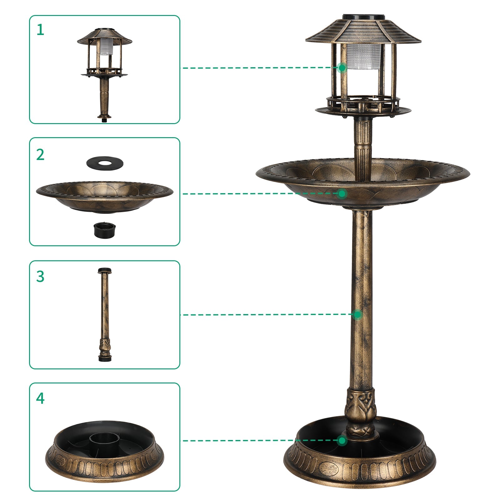 GJB Products: Bronze 15c20x42” Birdbath and Solar Powered LED Light with Fillable Base - GJB PRODUCTS