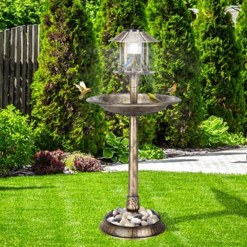 GJB Products: Bronze 15c20x42” Birdbath and Solar Powered LED Light with Fillable Base - GJB PRODUCTS