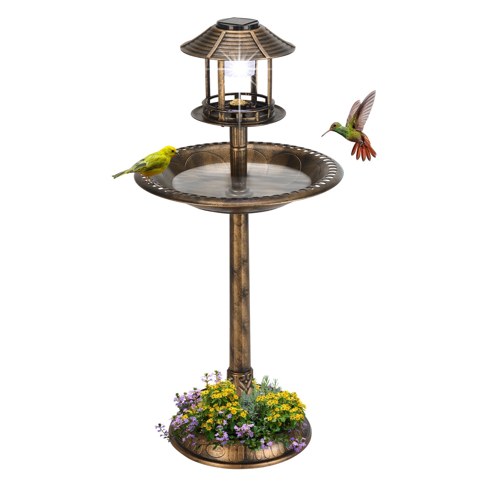 GJB Products: Bronze 15c20x42” Birdbath and Solar Powered LED Light with Fillable Base - GJB PRODUCTS