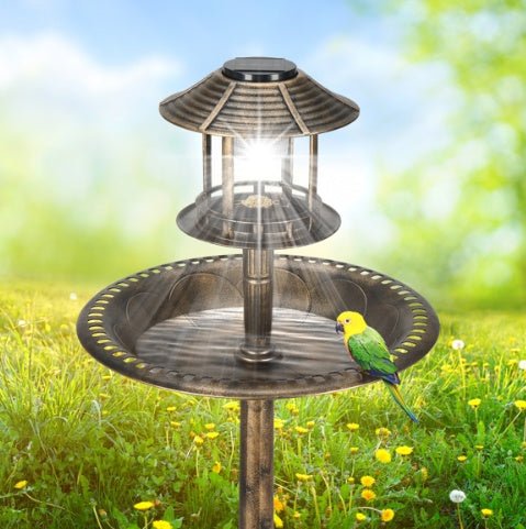 GJB Products: Bronze 15c20x42” Birdbath and Solar Powered LED Light with Fillable Base - GJB PRODUCTS