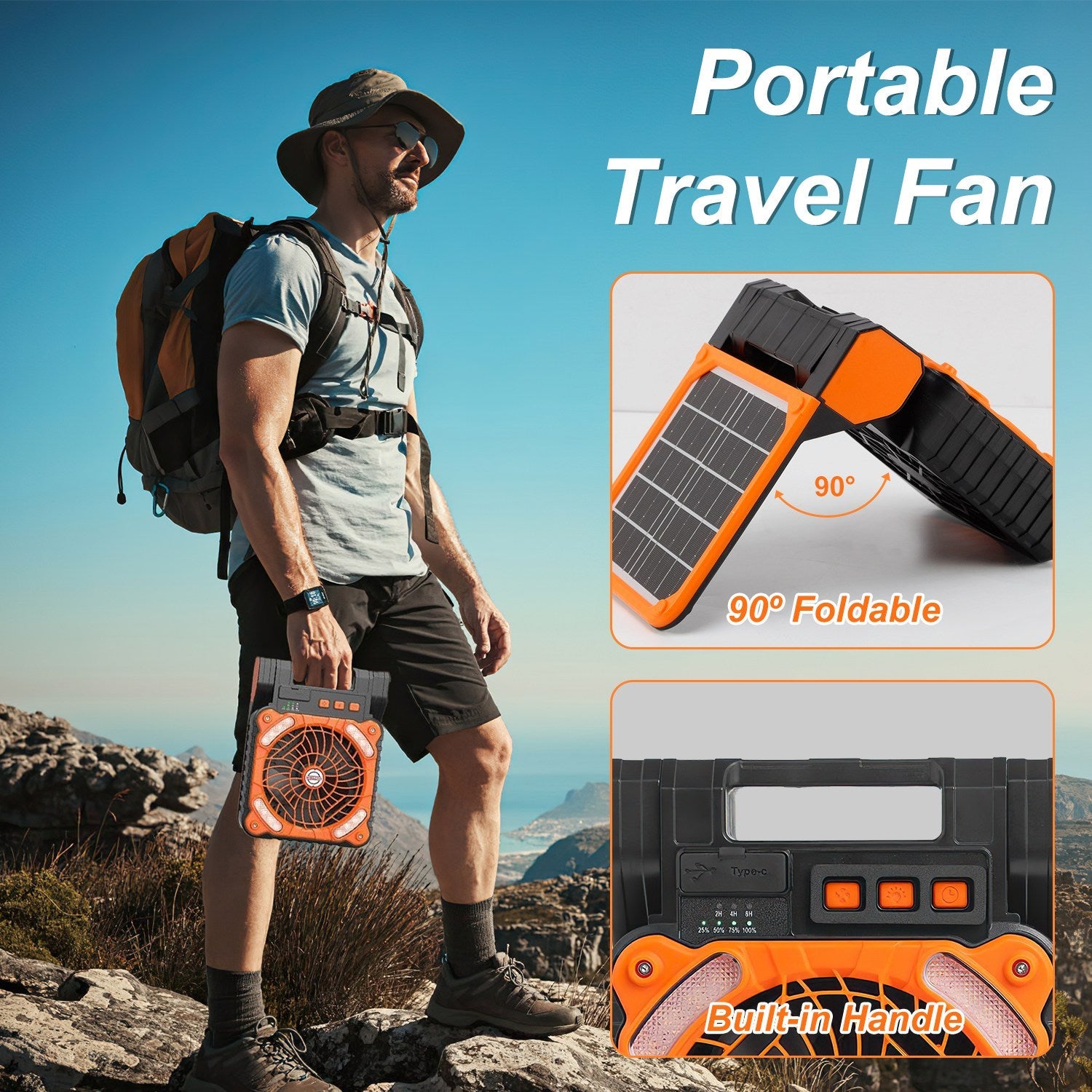 GJB Products: Portable 5V/2A Solar Powered 3 - In - 1 Camping Fan(4 - Speed)with LED Lantern and Emergency Power Bank - GJB PRODUCTS