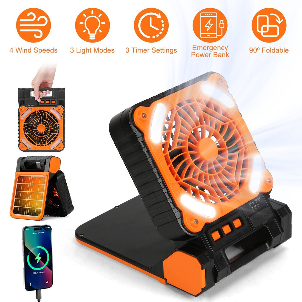 GJB Products: Portable 5V/2A Solar Powered 3 - In - 1 Camping Fan(4 - Speed)with LED Lantern and Emergency Power Bank - GJB PRODUCTS