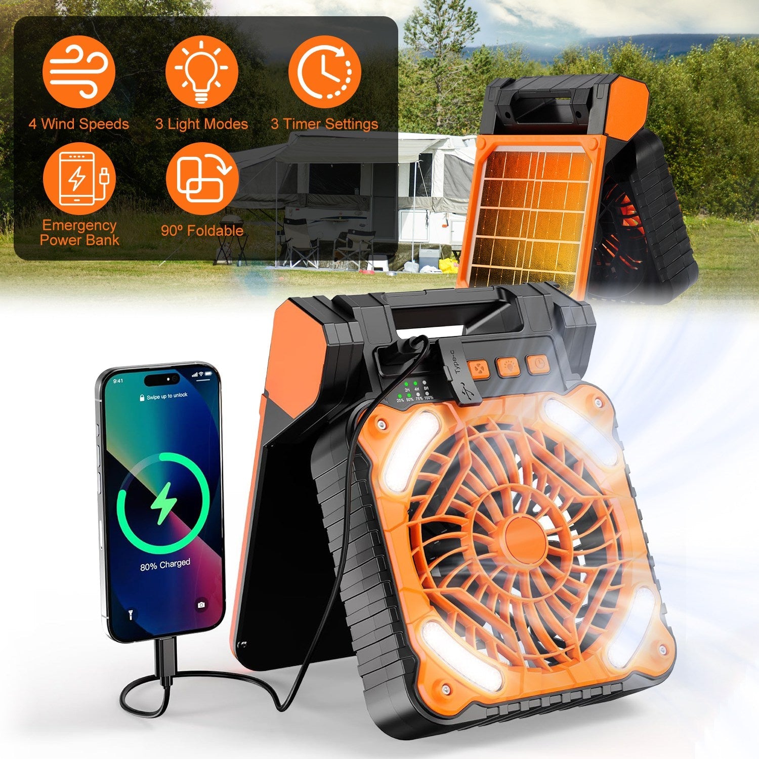 GJB Products: Portable 5V/2A Solar Powered 3 - In - 1 Camping Fan(4 - Speed)with LED Lantern and Emergency Power Bank - GJB PRODUCTS