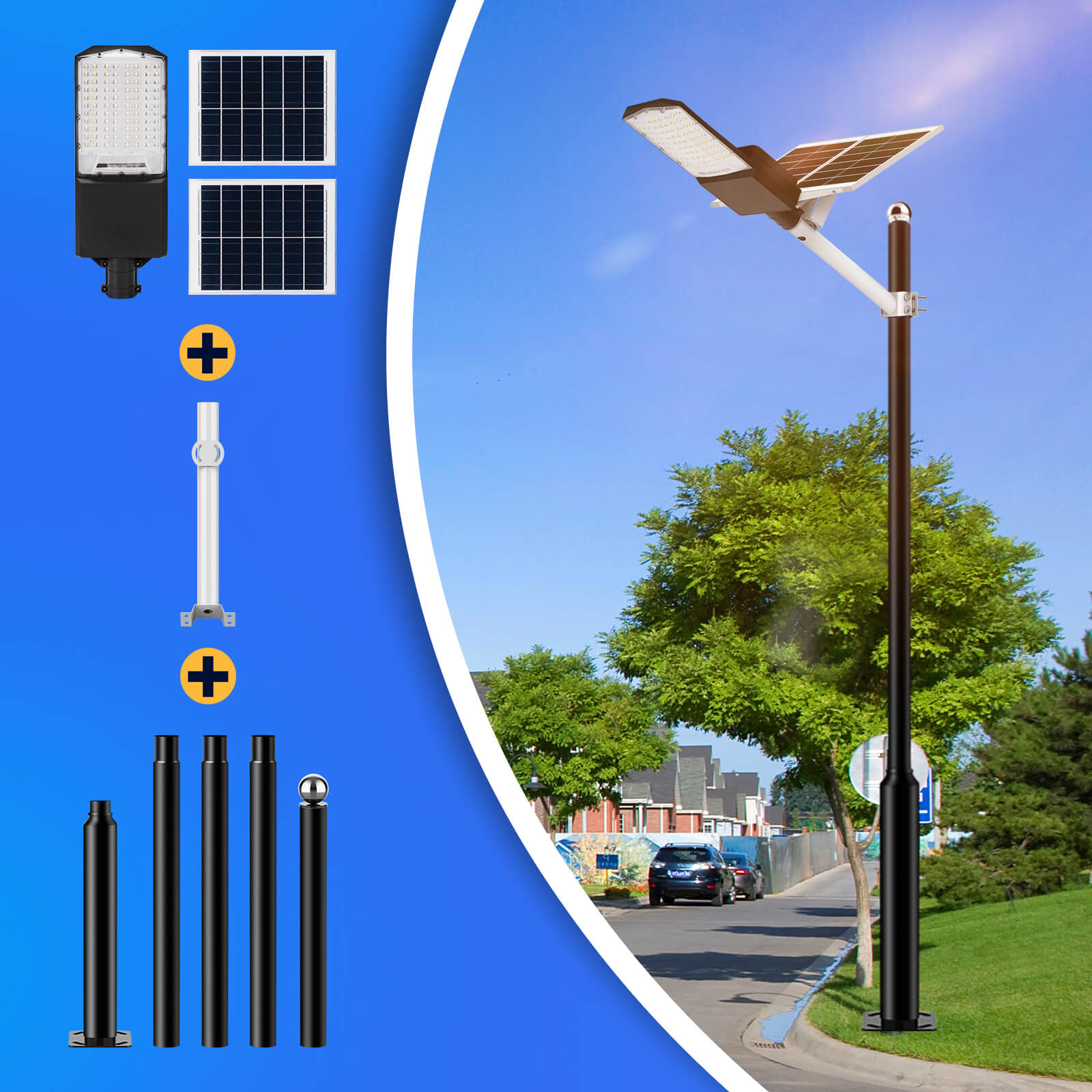 Langy: 1200W Solar Powered (30,000LM) Street Light w/ Motion Detection,Remote Control and Pole(16ft - 20ft) - GJB PRODUCTS