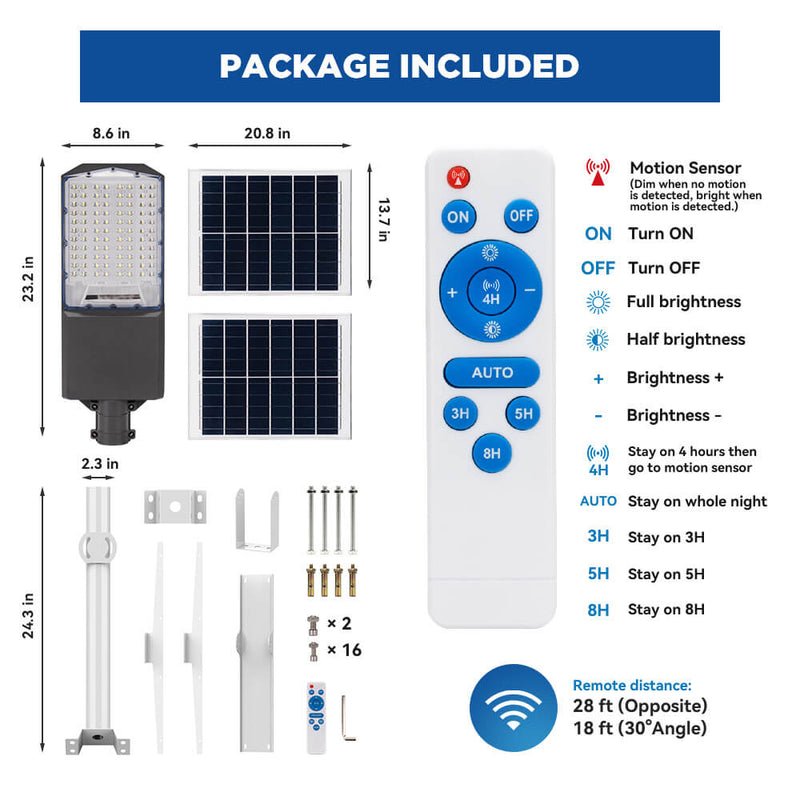 Langy: 1200W Solar Powered (30,000LM) Street Light w/ Motion Detection,Remote Control and Pole(16ft - 20ft) - GJB PRODUCTS