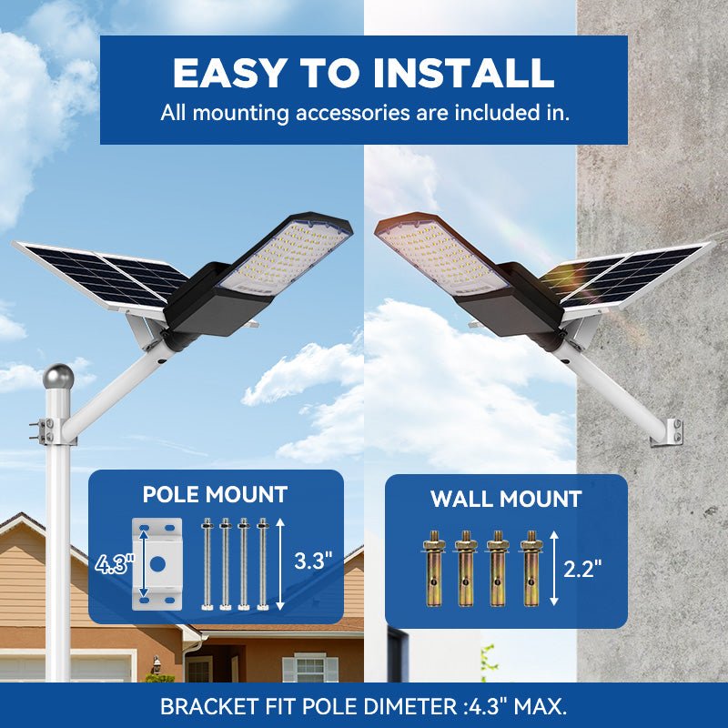 Langy: 1200W Solar Powered (30,000LM) Street Light w/ Motion Detection,Remote Control and Pole(16ft - 20ft) - GJB PRODUCTS
