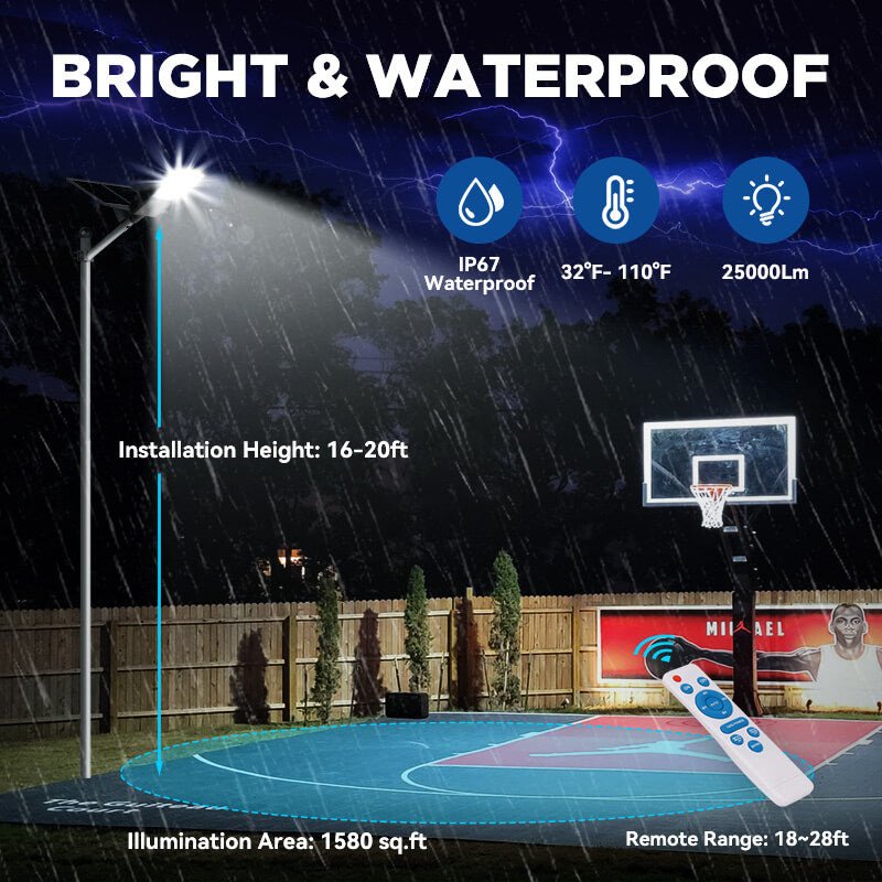 Langy: 1200W Solar Powered (30,000LM) Street Light w/ Motion Detection,Remote Control and Pole(16ft - 20ft) - GJB PRODUCTS