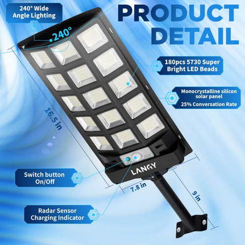 Langy: 2PK or 4PK - 60W 90W Solar Powered Outdoor Dusk to Dawn Motion Sensor (180 Premium 5730 LED’s) Lights (6000 - 9000Lumens) with 5 Smart Modes and Remote Control with Brightness Control(25%,50%,100%) - GJB PRODUCTS