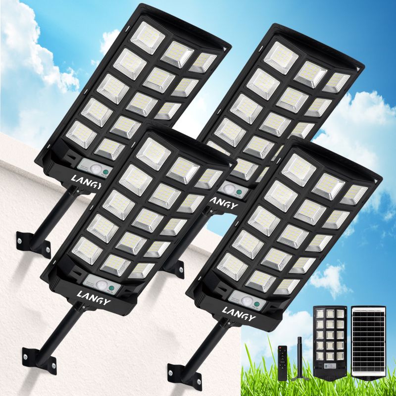 Langy: 2PK or 4PK - 60W 90W Solar Powered Outdoor Dusk to Dawn Motion Sensor (180 Premium 5730 LED’s) Lights (6000 - 9000Lumens) with 5 Smart Modes and Remote Control with Brightness Control(25%,50%,100%) - GJB PRODUCTS