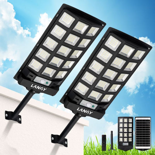Langy: 2PK or 4PK - 60W 90W Solar Powered Outdoor Dusk to Dawn Motion Sensor (180 Premium 5730 LED’s) Lights (6000 - 9000Lumens) with 5 Smart Modes and Remote Control with Brightness Control(25%,50%,100%) - GJB PRODUCTS