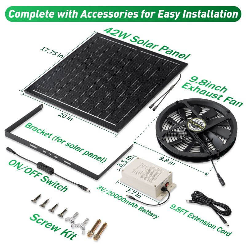Langy Energy: 10" Solar Exhaust Intake Fan(500CFM AirFlow)with Battery & 42W Solar Panel - GJB PRODUCTS