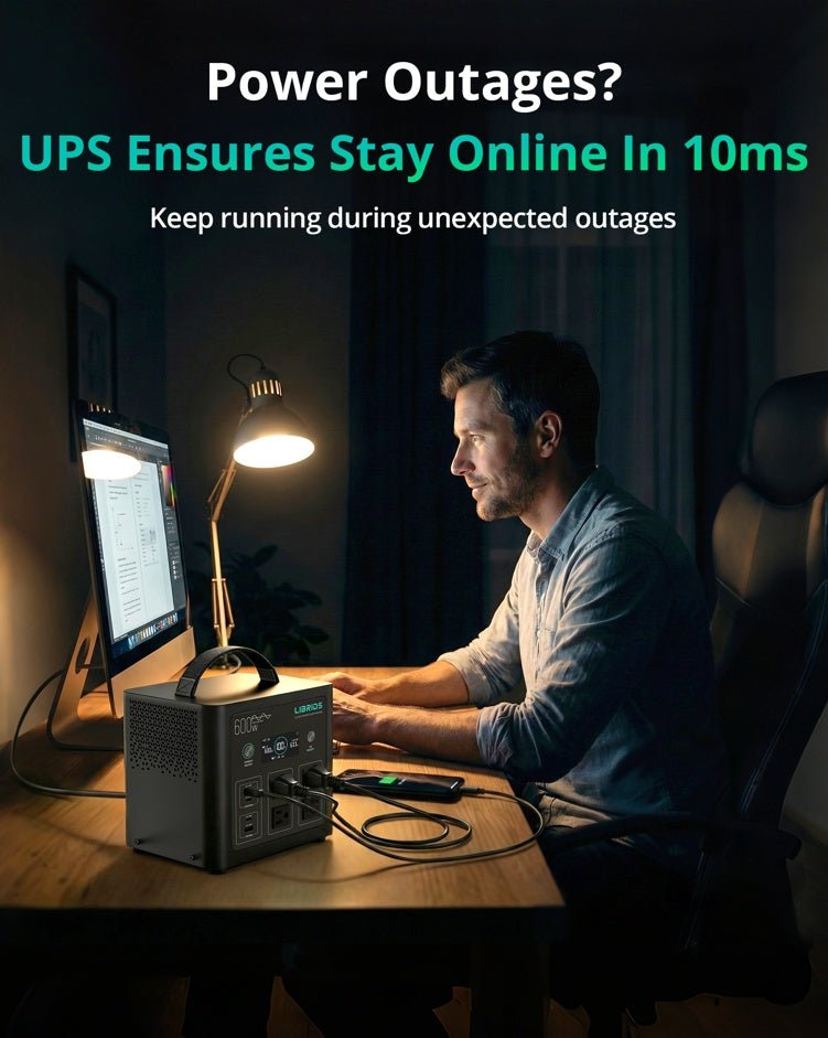 LIBIRDS: Portable Solar Powered Generator C600 • 640Wh LiFePO4 Battery•600W - Peak 1200W•1.5H Fast Charge•10ms UPS•8 Ports - 4 AC For Home Backup Outages & Off - Grid use - GJB PRODUCTS