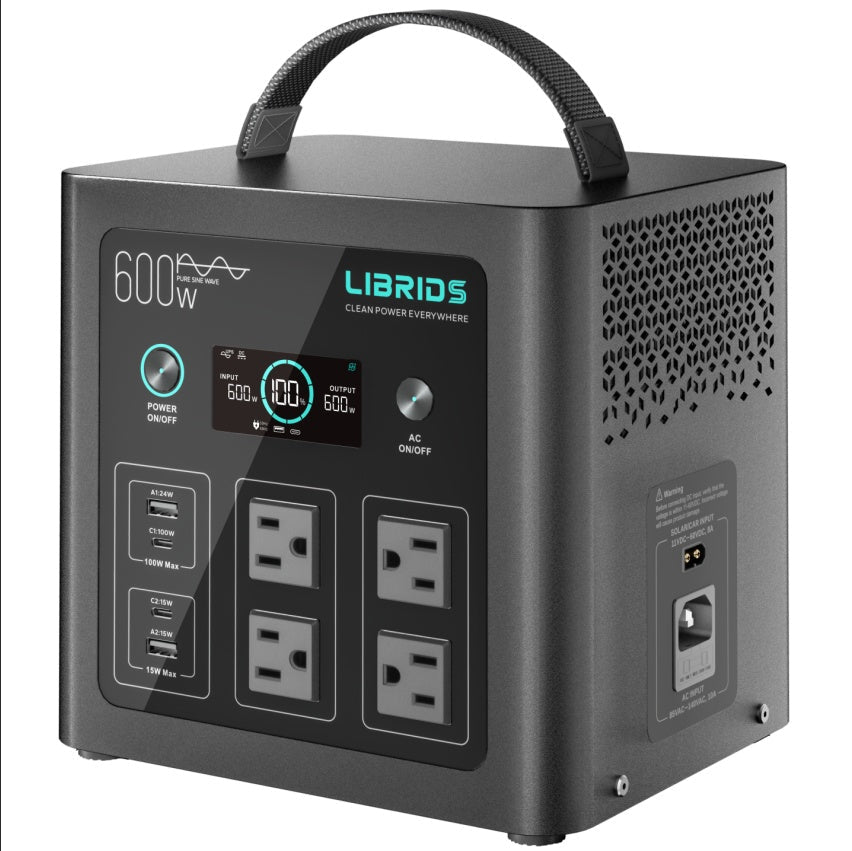 LIBIRDS: Portable Solar Powered Generator C600 • 640Wh LiFePO4 Battery•600W - Peak 1200W•1.5H Fast Charge•10ms UPS•8 Ports - 4 AC For Home Backup Outages & Off - Grid use - GJB PRODUCTS