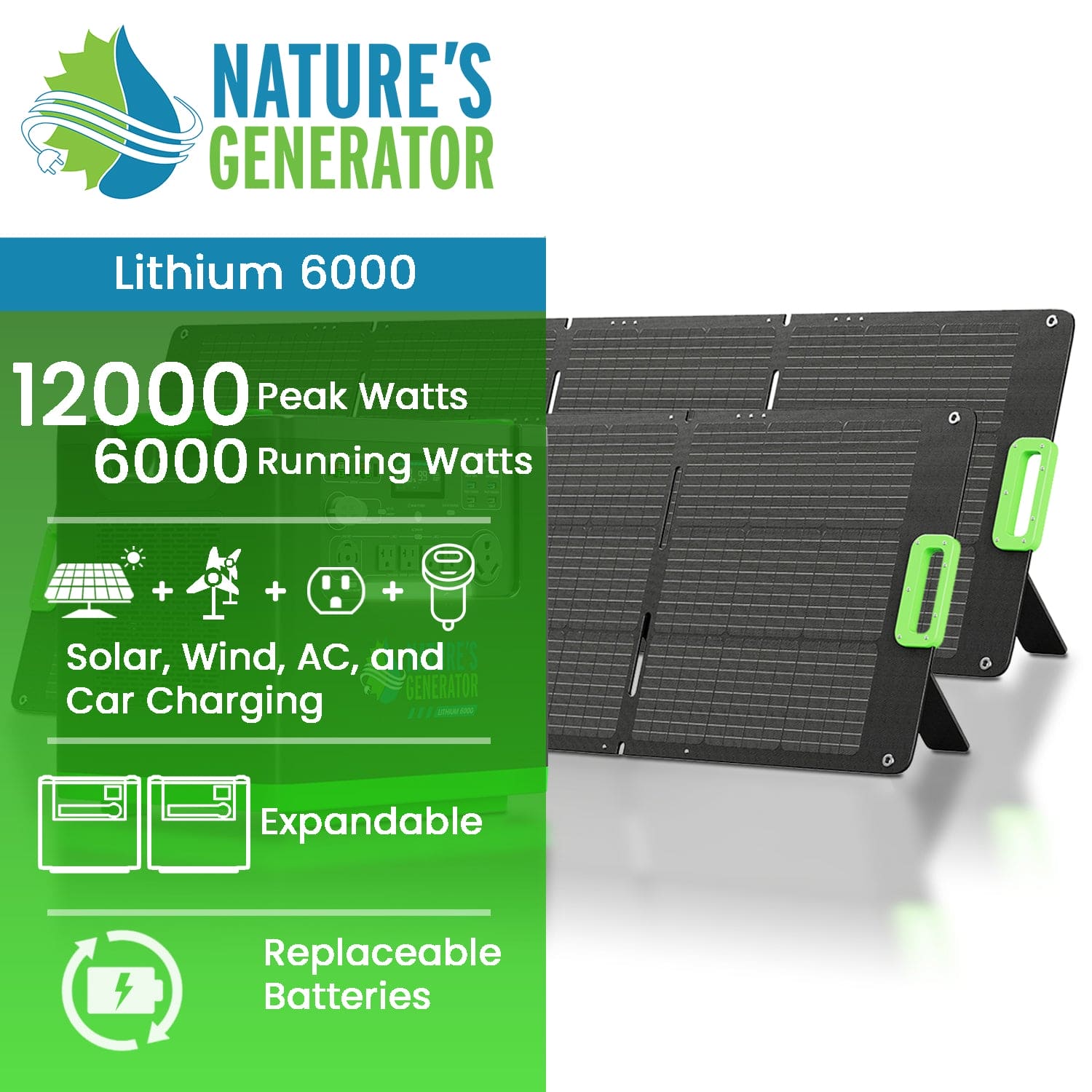Nature's Generator Lithium 6000 with Solar Panel - GJB PRODUCTS