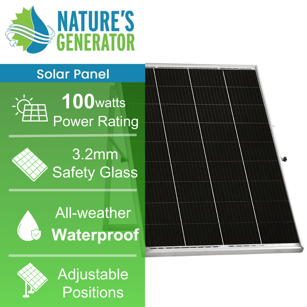 Nature’s Generators: 100W Mono - crystalline Rigid Adjustable Solar Panels 33”x26”/50’ Solar Panel Cable/KickStand - GJB PRODUCTS