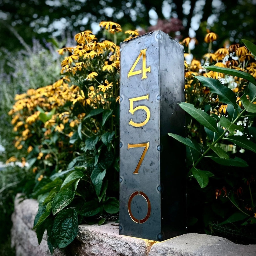Northern Forge LLC: Steel Home Address Solar Powered Pillar Light/ 12 - inches or 24 - inches Tall - GJB PRODUCTS