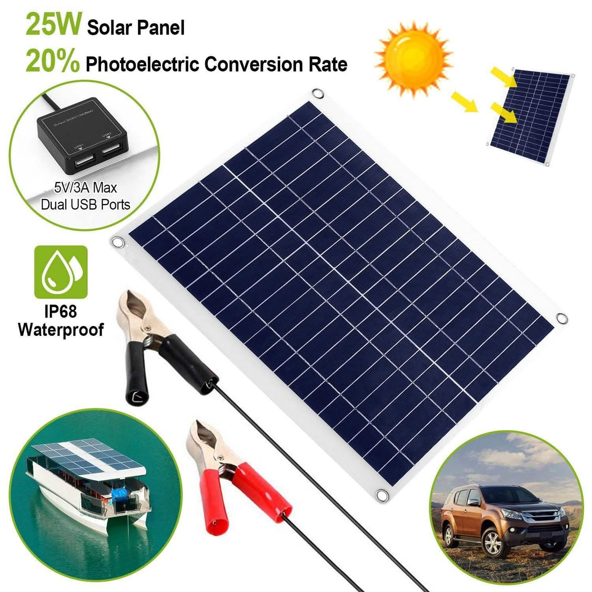 Outdoor Solar Panel 12V 25W Car Battery Charger - GJB PRODUCTS