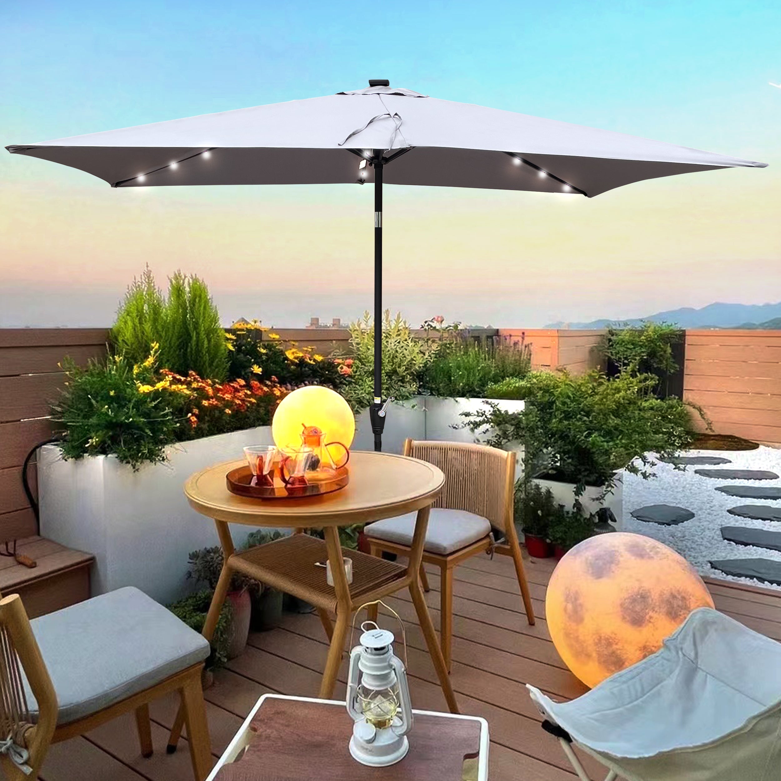 Outsunny: 10ft Rectangular Solar Powered Outdoor Umbrella with 26 LED Lights Adjustable Tilt and Crank Handle: - GJB PRODUCTS