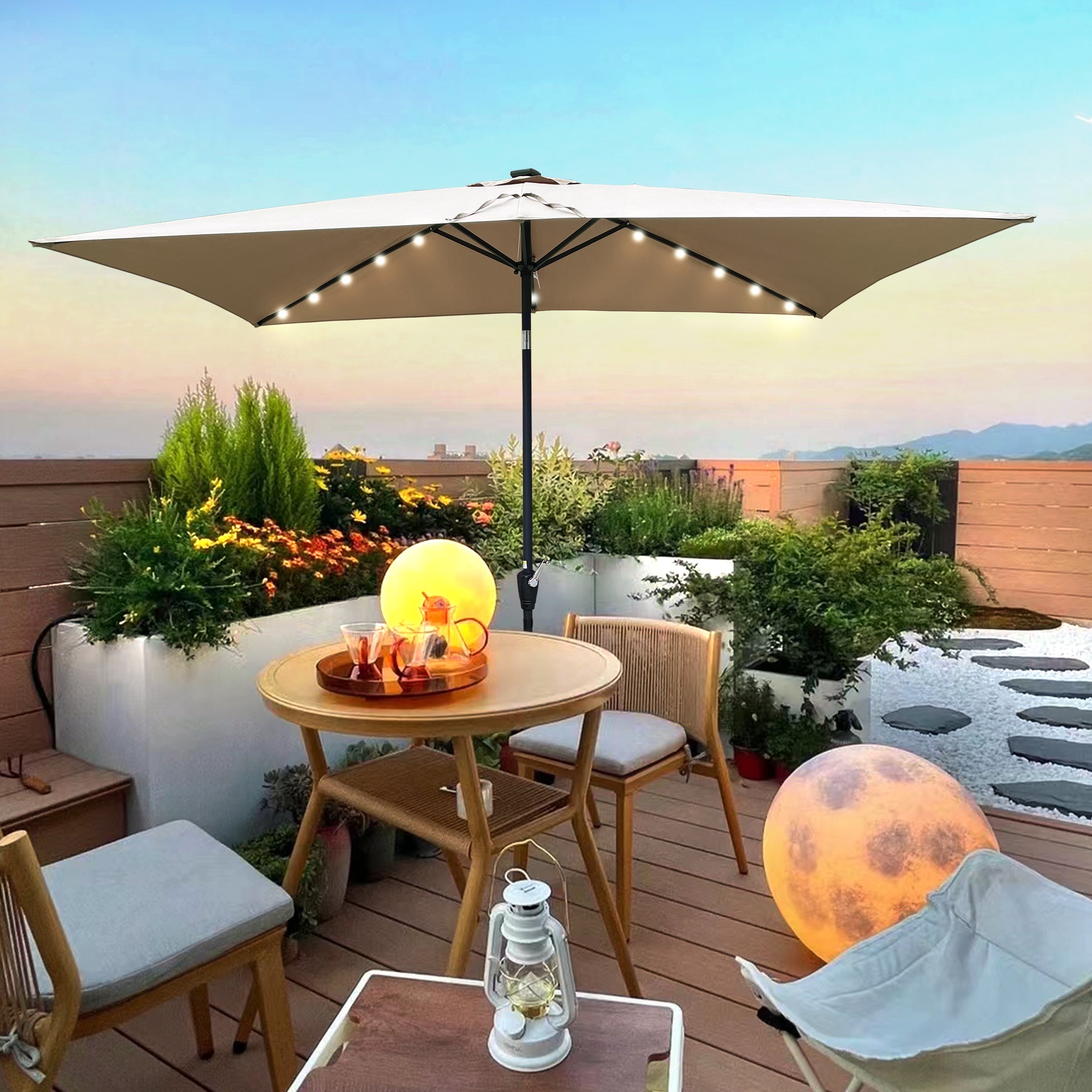 Outsunny: 10ft Rectangular Solar Powered Outdoor Umbrella with 26 LED Lights Adjustable Tilt and Crank Handle: - GJB PRODUCTS