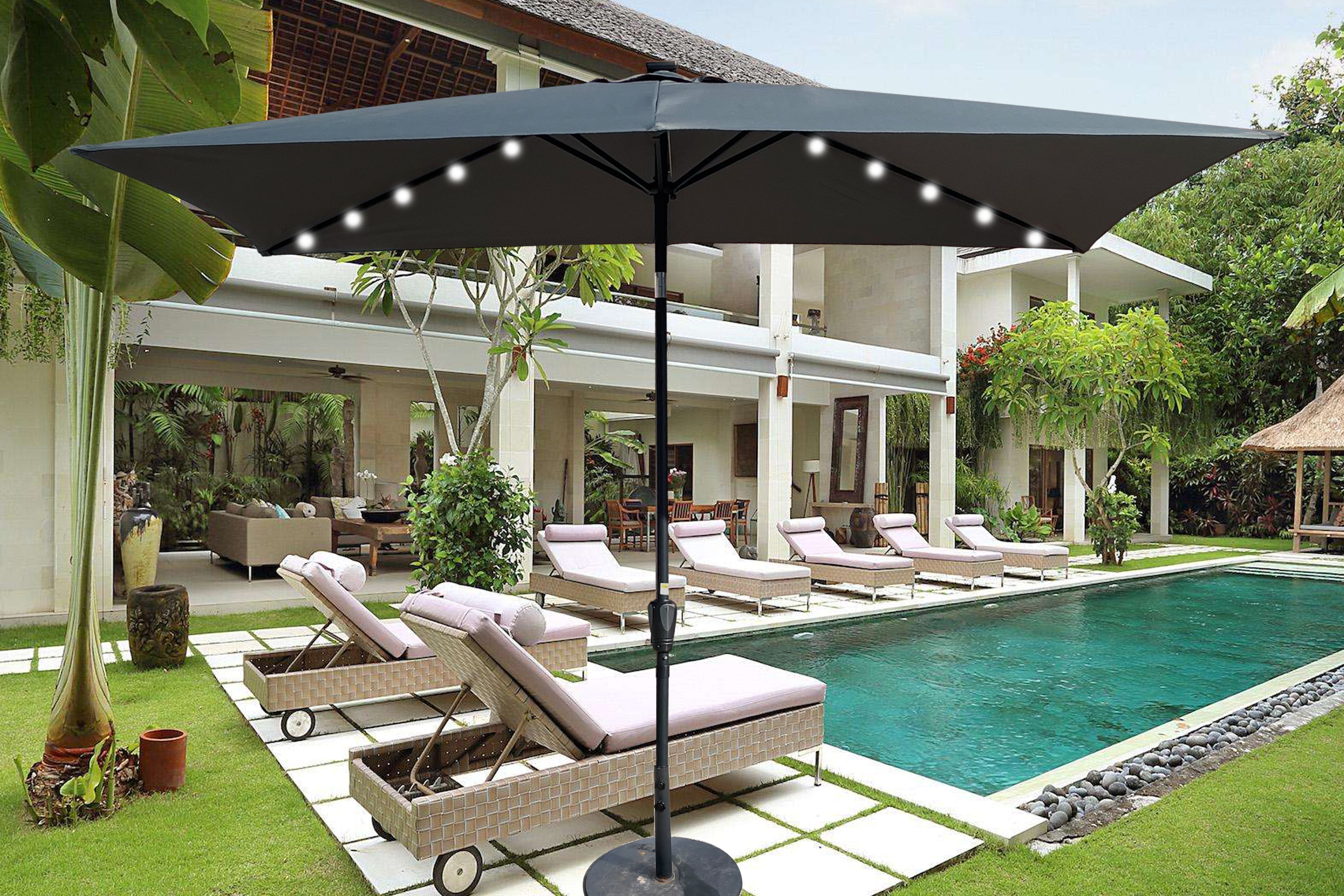 Outsunny: 10ft Rectangular Solar Powered Outdoor Umbrella with 26 LED Lights Adjustable Tilt and Crank Handle: - GJB PRODUCTS