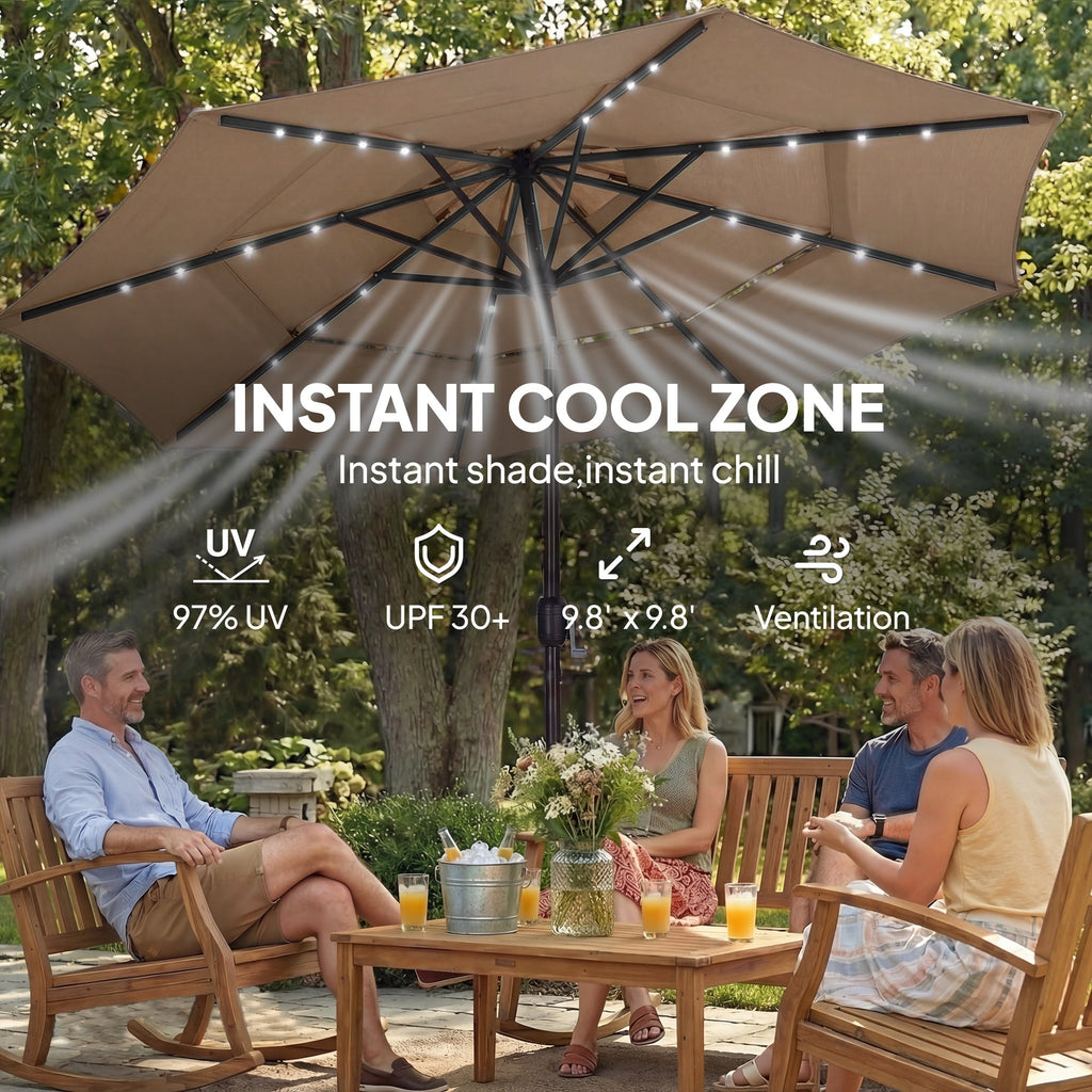 Outsunny: 3 - Tier (Khaki) Outdoor Patio Umbrella with Solar Powered LED Lights w/ Tilt and Hand Crank - GJB PRODUCTS