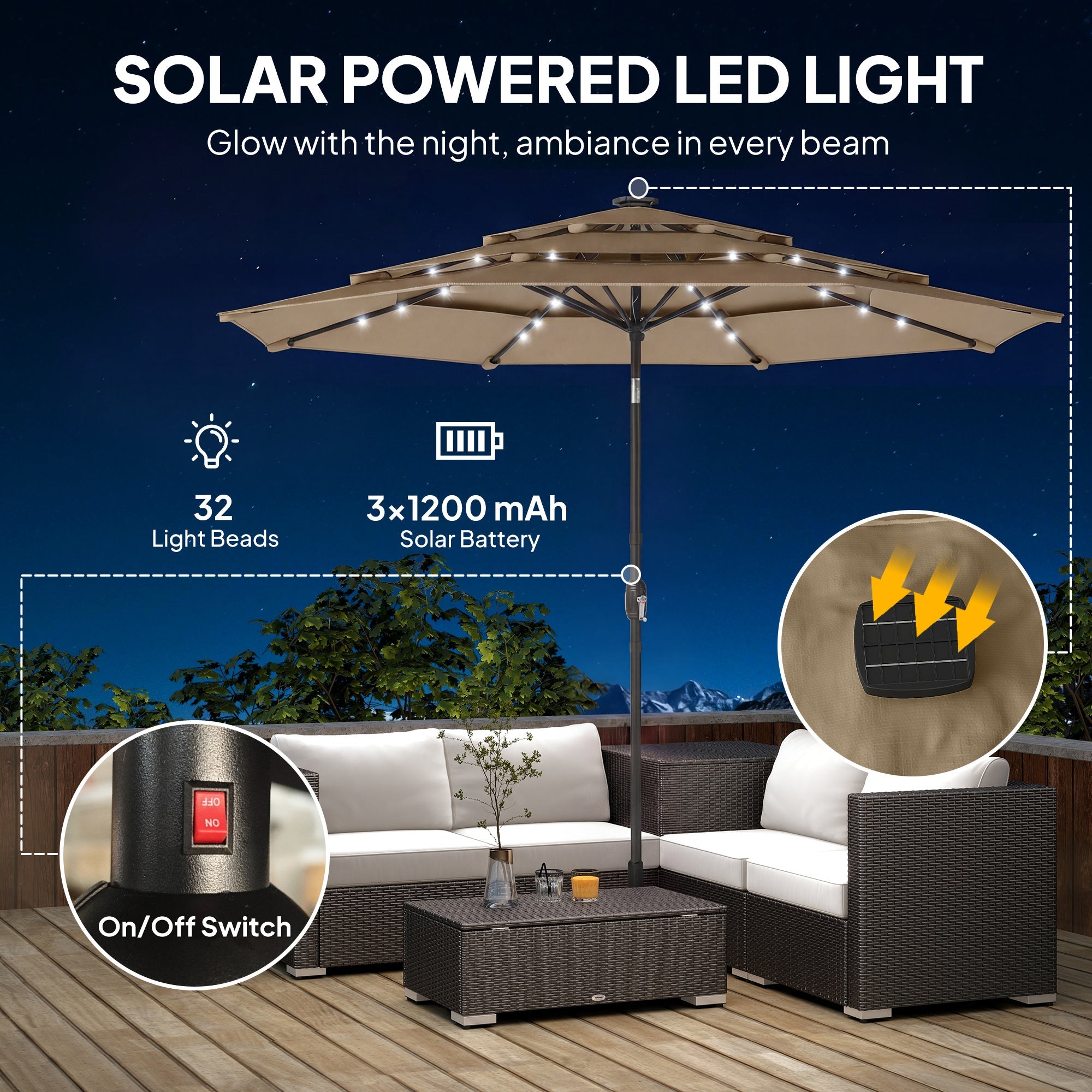 Outsunny: 3 - Tier (Khaki) Outdoor Patio Umbrella with Solar Powered LED Lights w/ Tilt and Hand Crank - GJB PRODUCTS