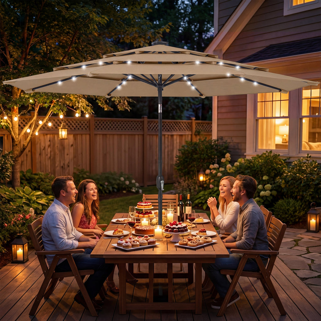 Outsunny: 3 - Tier (Khaki) Outdoor Patio Umbrella with Solar Powered LED Lights w/ Tilt and Hand Crank - GJB PRODUCTS