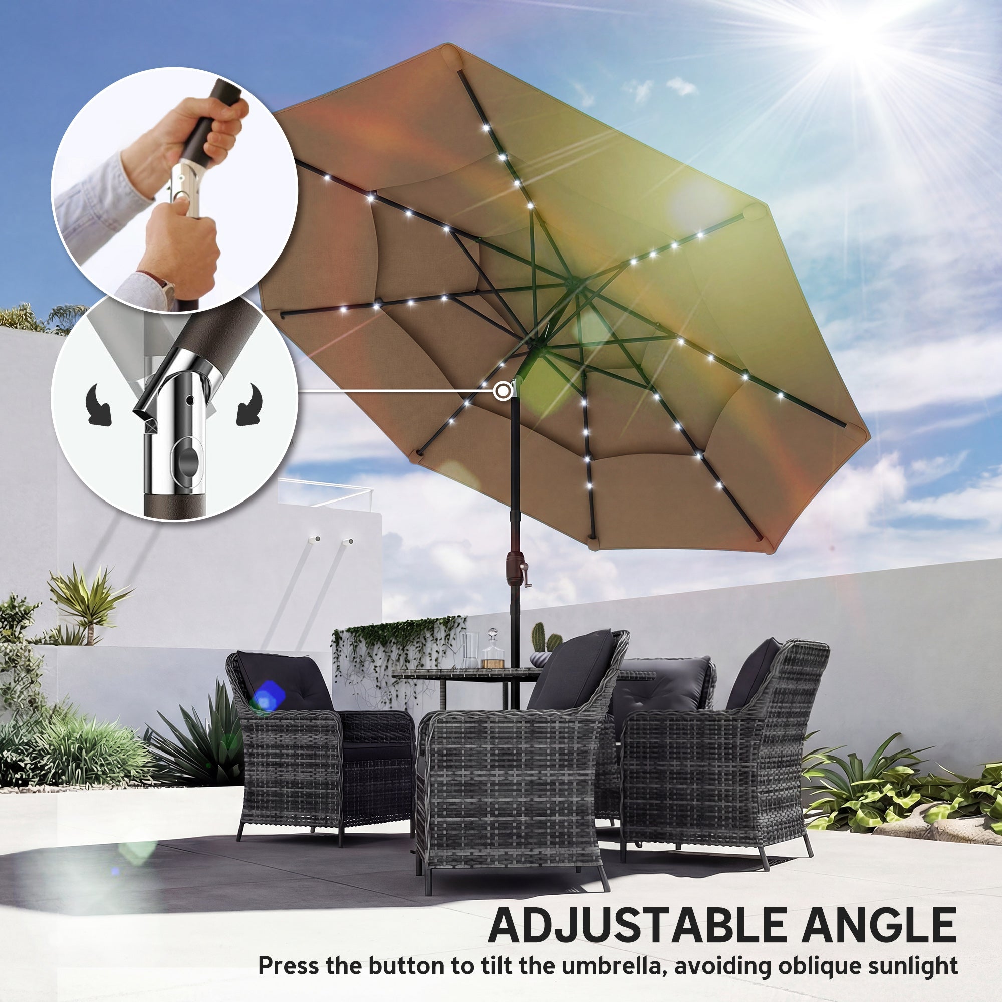 Outsunny: 3 - Tier (Khaki) Outdoor Patio Umbrella with Solar Powered LED Lights w/ Tilt and Hand Crank - GJB PRODUCTS