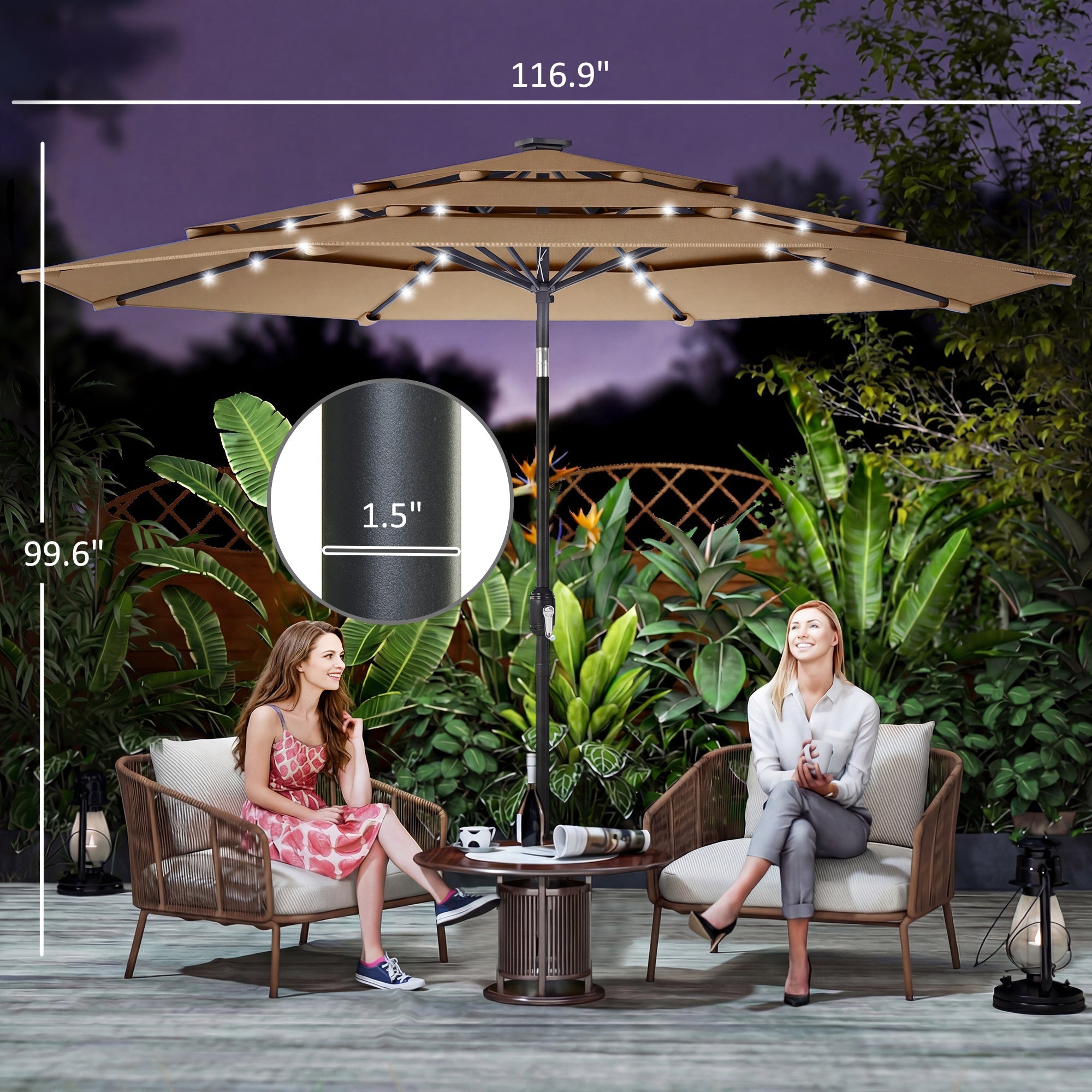 Outsunny: 3 - Tier (Khaki) Outdoor Patio Umbrella with Solar Powered LED Lights w/ Tilt and Hand Crank - GJB PRODUCTS