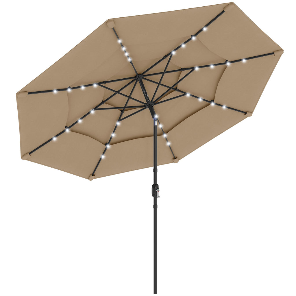 Outsunny: 3 - Tier (Khaki) Outdoor Patio Umbrella with Solar Powered LED Lights w/ Tilt and Hand Crank - GJB PRODUCTS