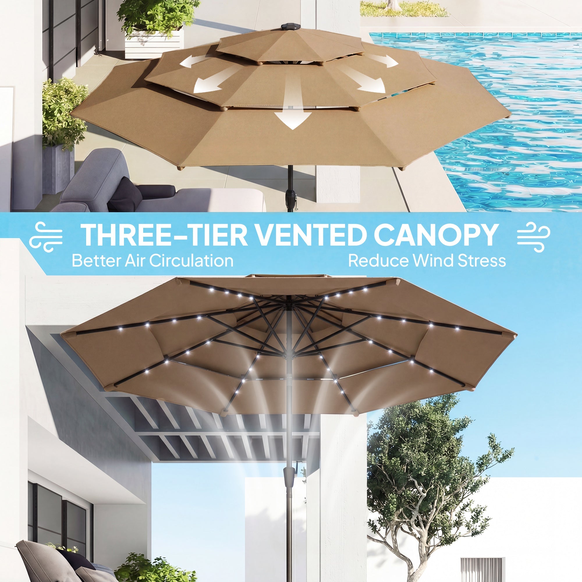 Outsunny: 3 - Tier (Khaki) Outdoor Patio Umbrella with Solar Powered LED Lights w/ Tilt and Hand Crank - GJB PRODUCTS
