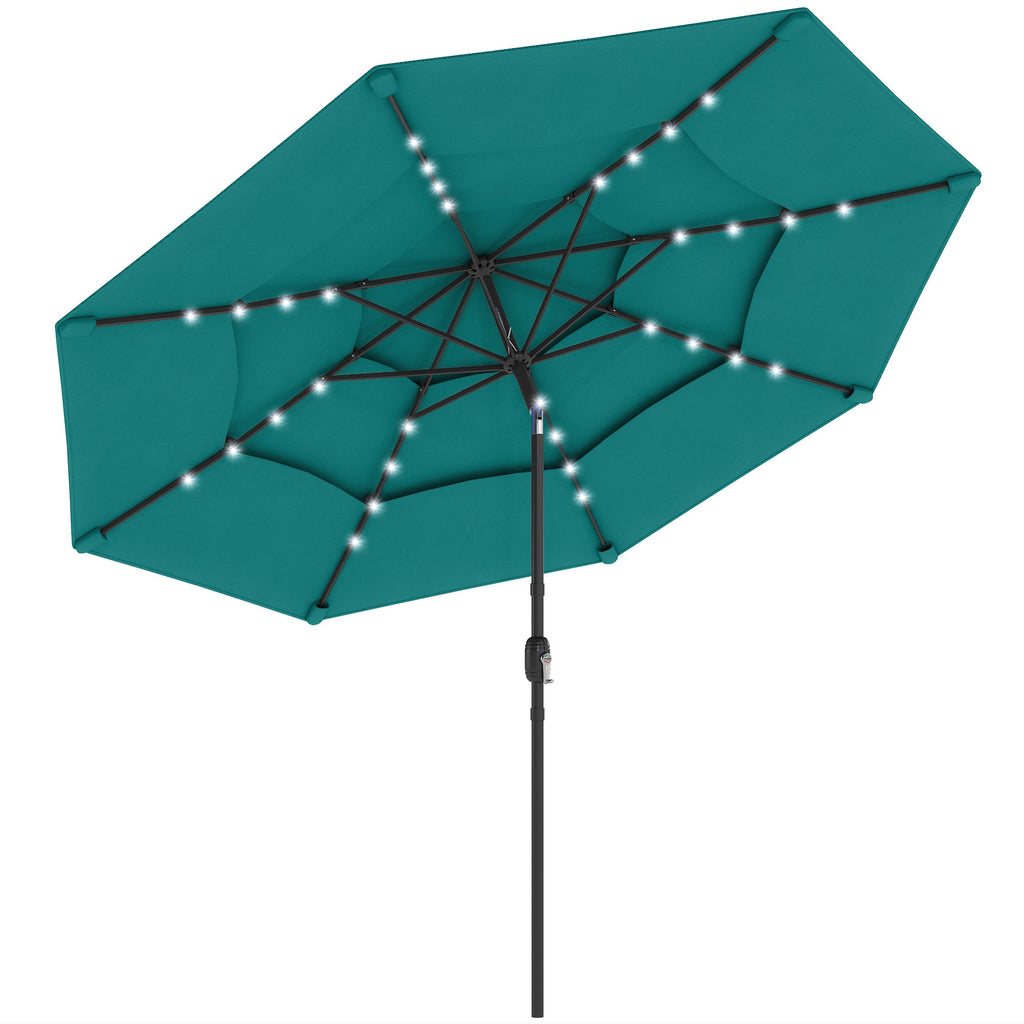 Outsunny: 3 Tier(Teal) Solar Powered Patio Umbrella with 32 - LED Lights with Hand Crank and Tilt - GJB PRODUCTS