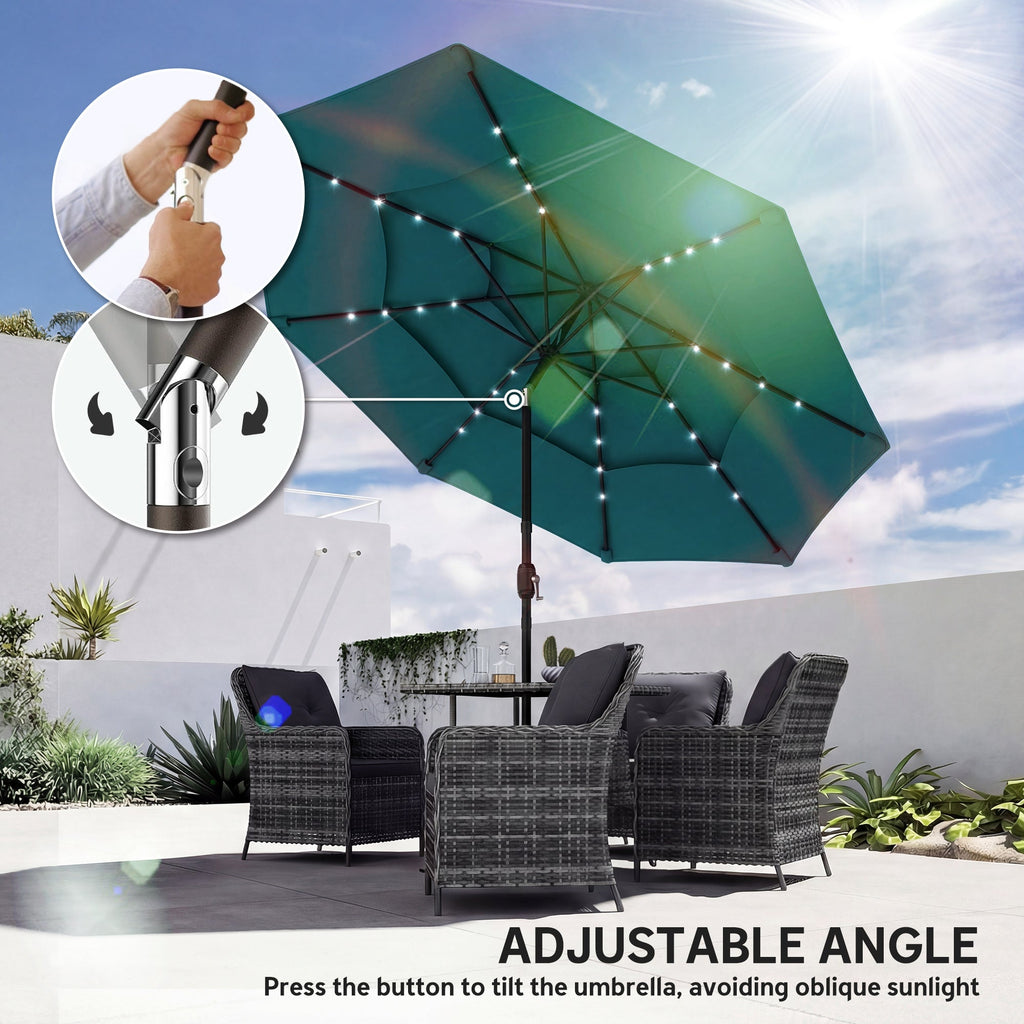 Outsunny: 3 Tier(Teal) Solar Powered Patio Umbrella with 32 - LED Lights with Hand Crank and Tilt - GJB PRODUCTS