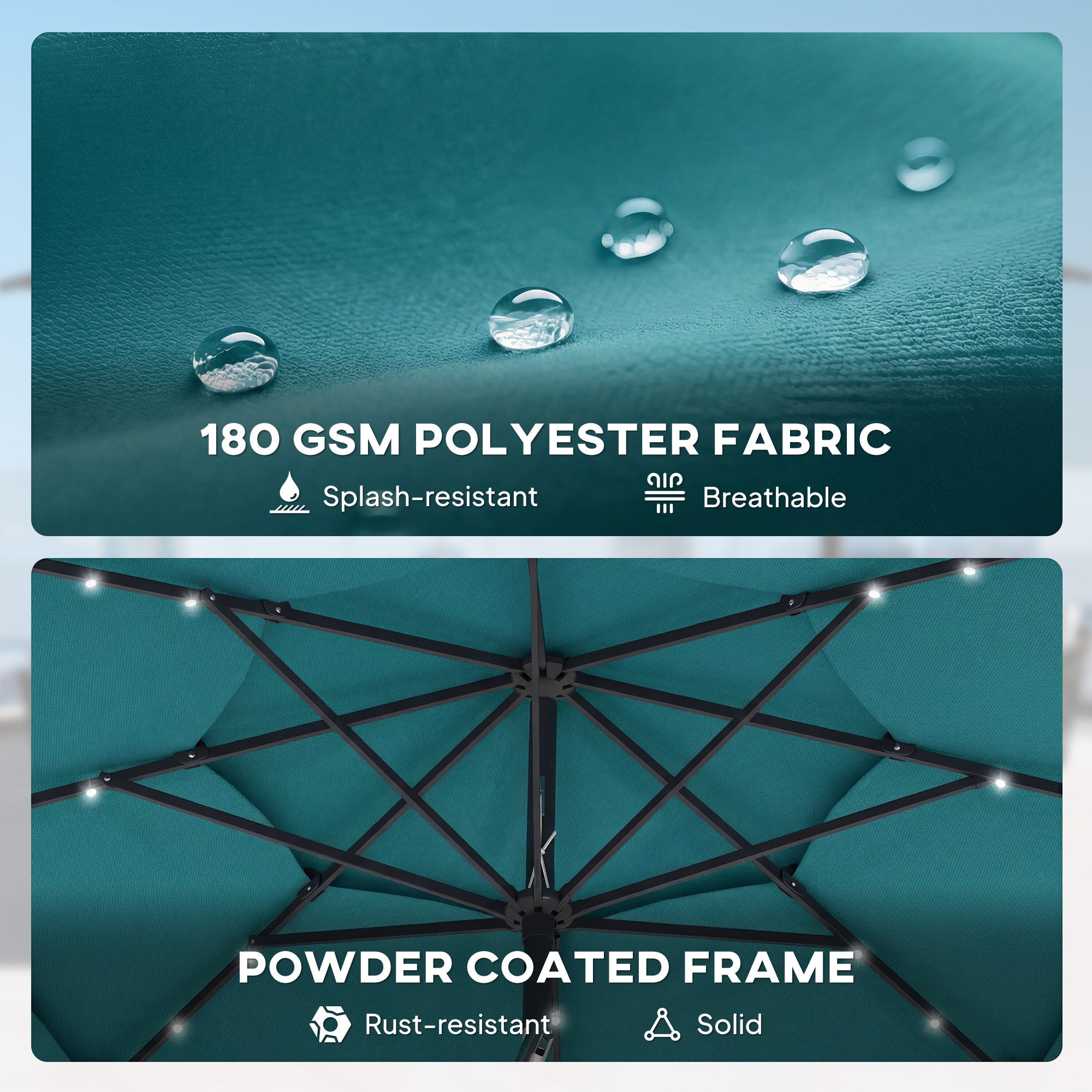 Outsunny: 3 Tier(Teal) Solar Powered Patio Umbrella with 32 - LED Lights with Hand Crank and Tilt - GJB PRODUCTS