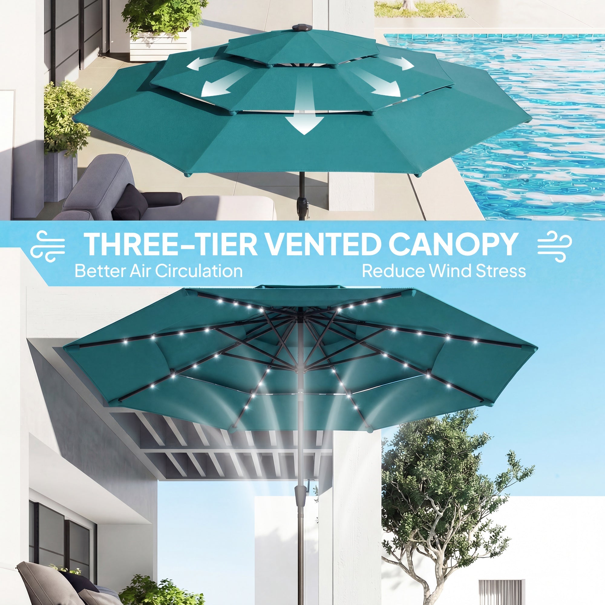 Outsunny: 3 Tier(Teal) Solar Powered Patio Umbrella with 32 - LED Lights with Hand Crank and Tilt - GJB PRODUCTS