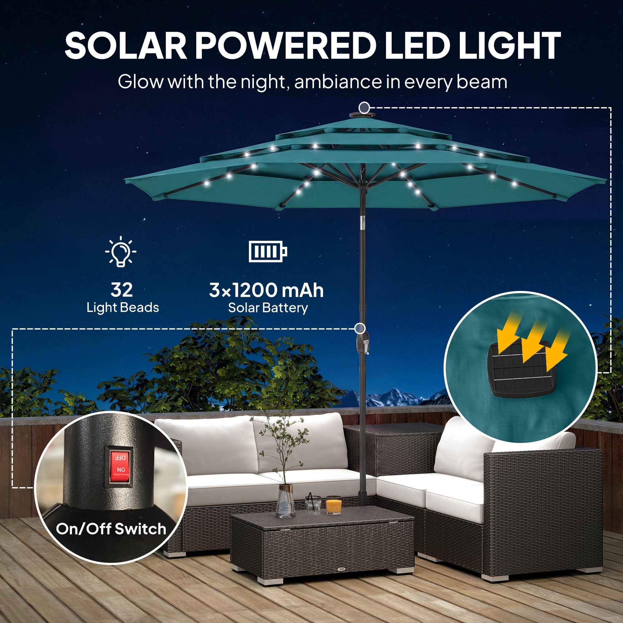 Outsunny: 3 Tier(Teal) Solar Powered Patio Umbrella with 32 - LED Lights with Hand Crank and Tilt - GJB PRODUCTS