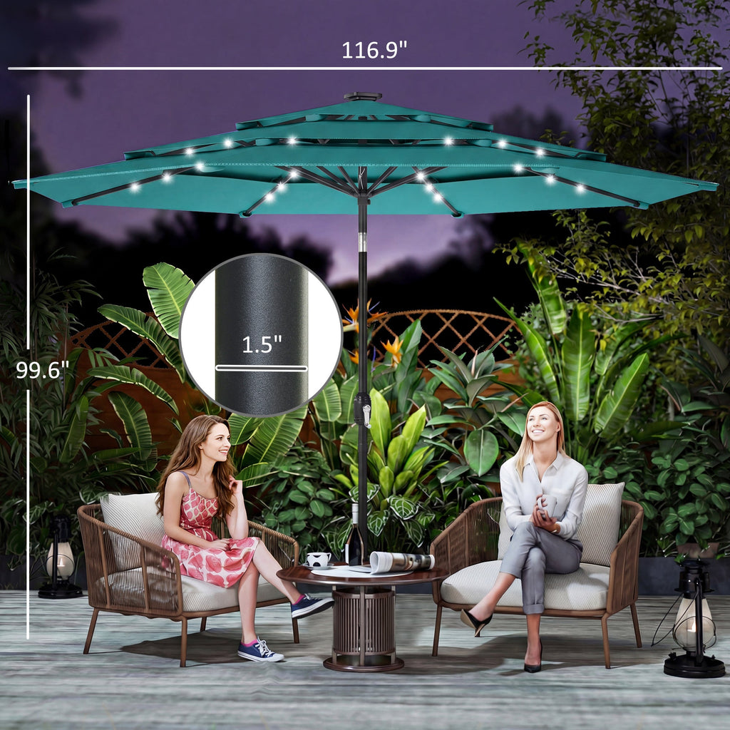 Outsunny: 3 Tier(Teal) Solar Powered Patio Umbrella with 32 - LED Lights with Hand Crank and Tilt - GJB PRODUCTS