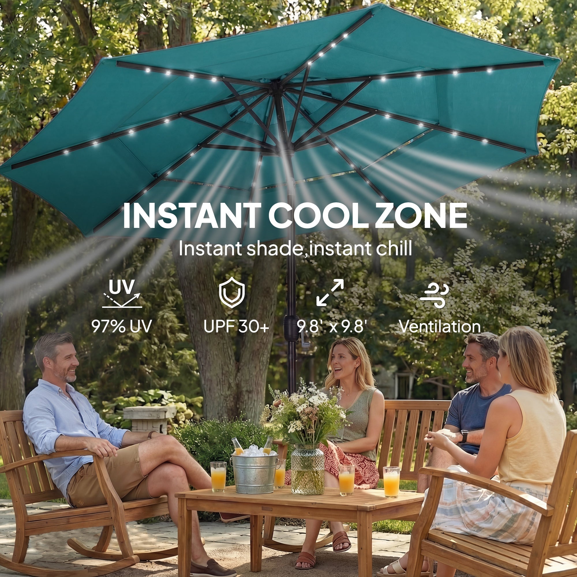 Outsunny: 3 Tier(Teal) Solar Powered Patio Umbrella with 32 - LED Lights with Hand Crank and Tilt - GJB PRODUCTS