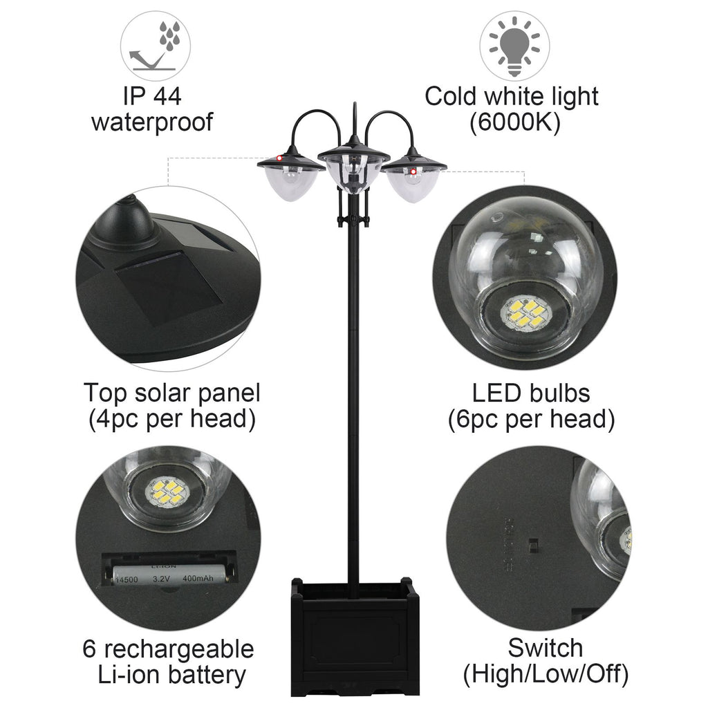 Outsunny: 74.5" 3 - head Solar Lamp Post Light with Planter - GJB PRODUCTS