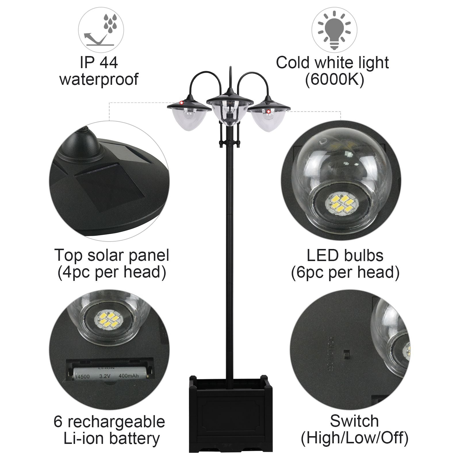 Outsunny: 74.5" 3 - head Solar Lamp Post Light with Planter - GJB PRODUCTS