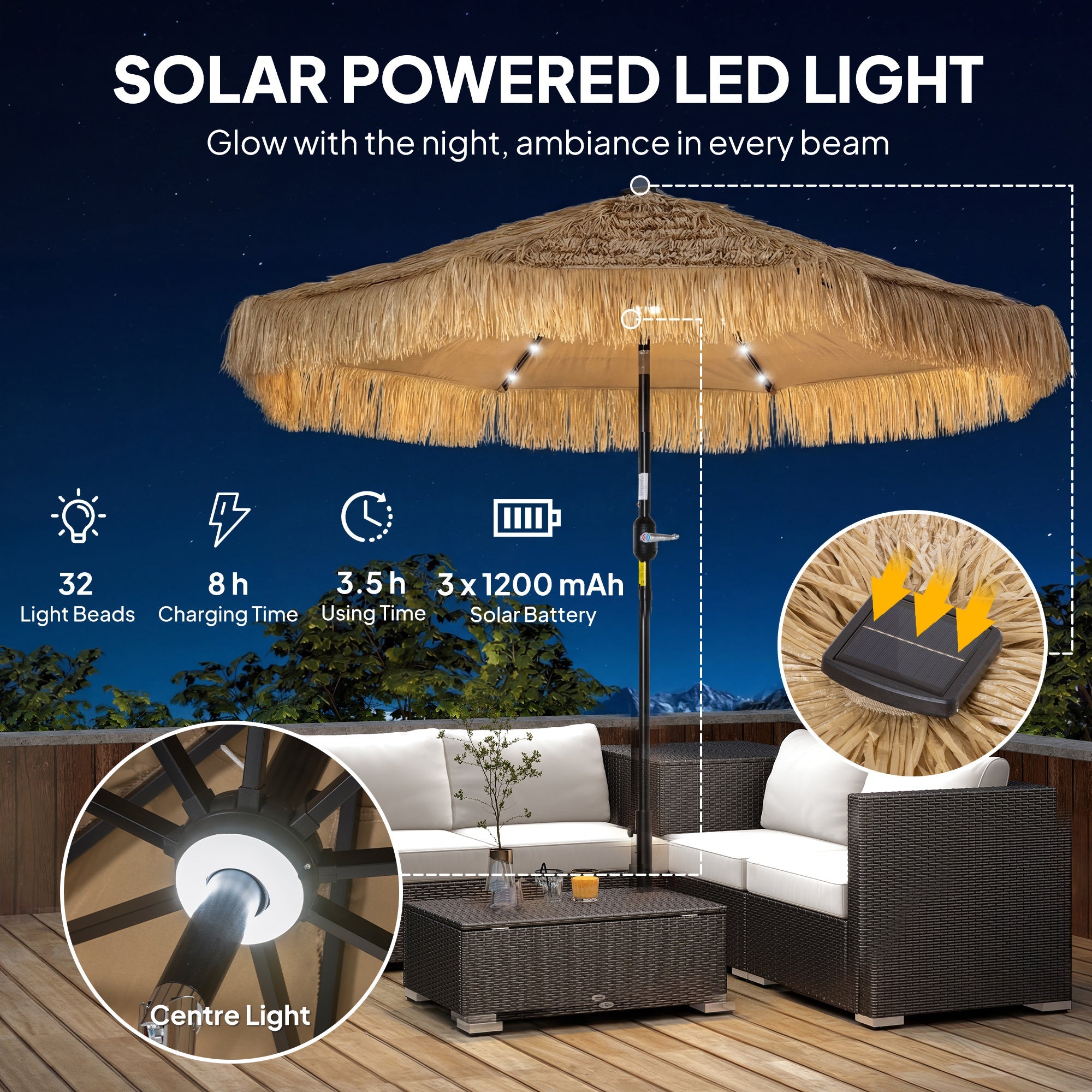 Outsunny: 9 ft (Khaki) Vented Air Straw Tasseled Hula Patio Umbrella with LED Solar Lights Plus Hand Crank and Tilt - GJB PRODUCTS