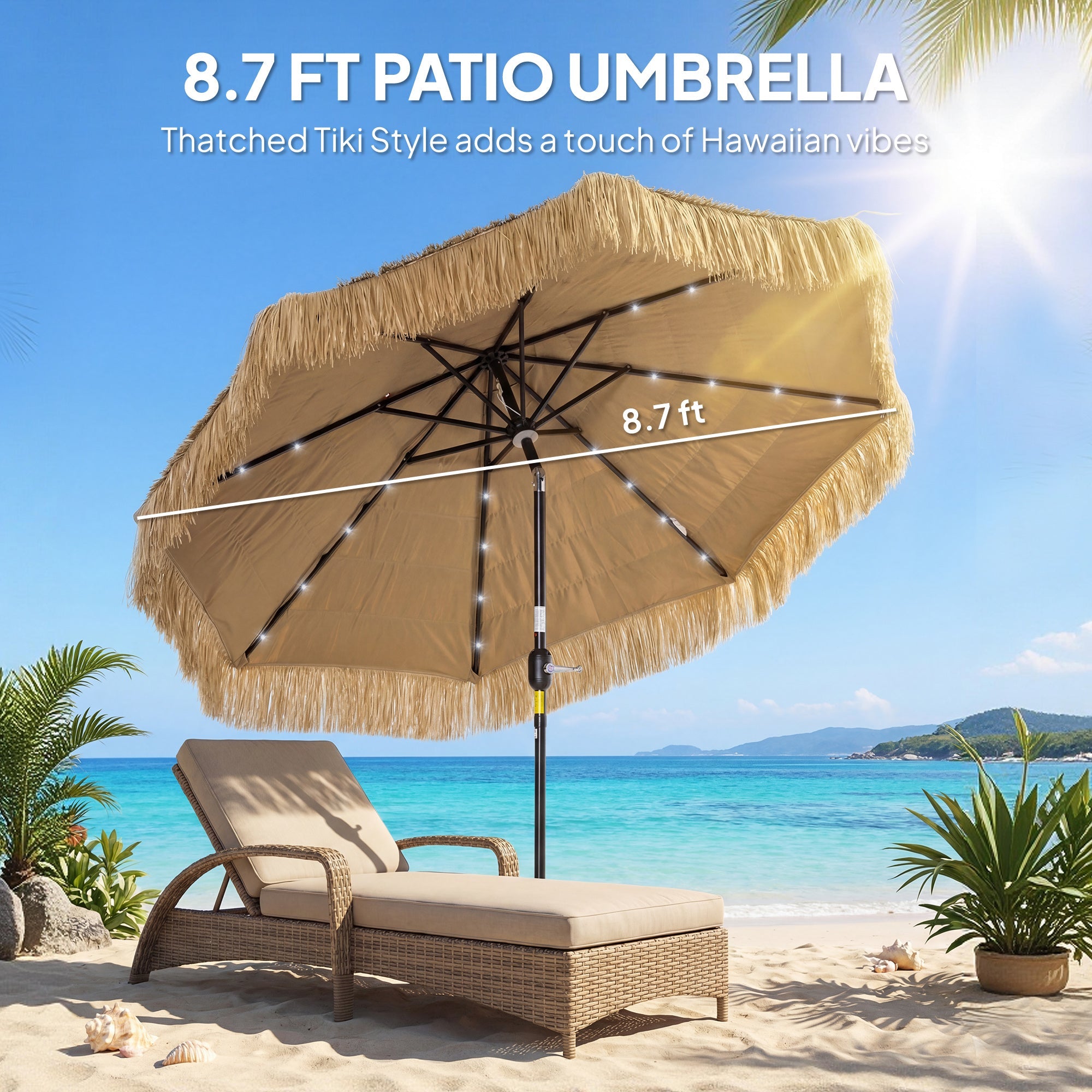 Outsunny: 9 ft (Khaki) Vented Air Straw Tasseled Hula Patio Umbrella with LED Solar Lights Plus Hand Crank and Tilt - GJB PRODUCTS