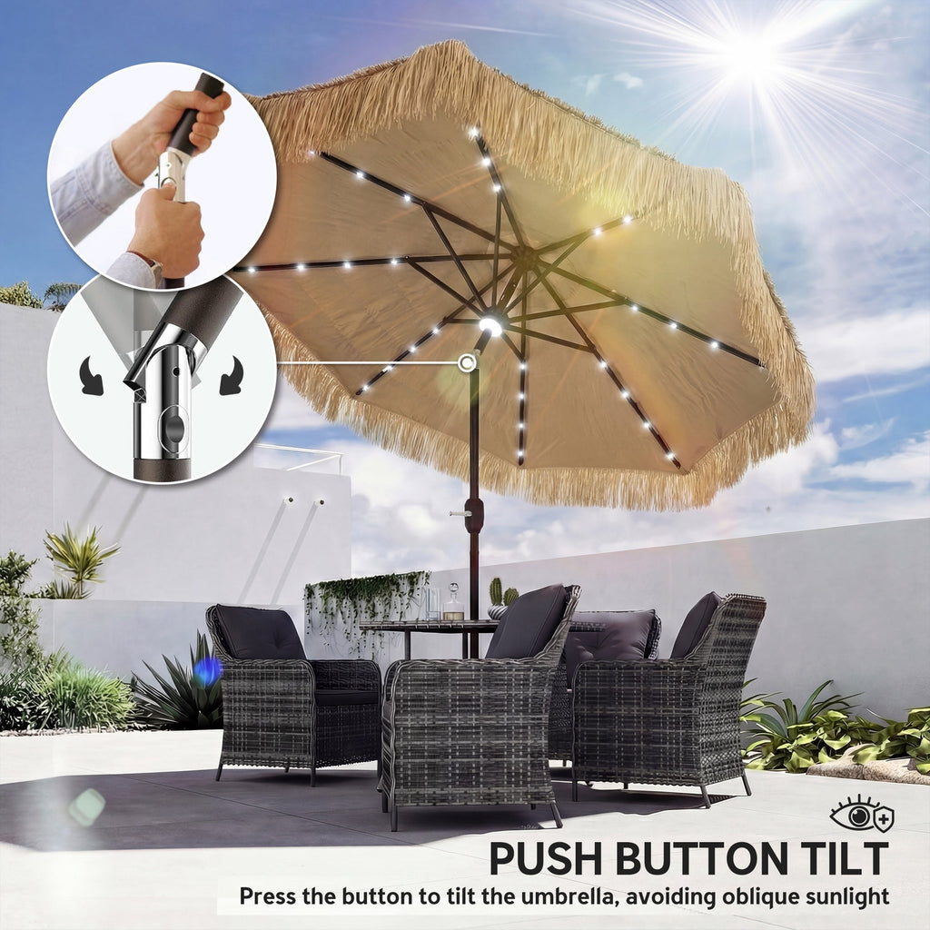Outsunny: 9 ft (Khaki) Vented Air Straw Tasseled Hula Patio Umbrella with LED Solar Lights Plus Hand Crank and Tilt - GJB PRODUCTS