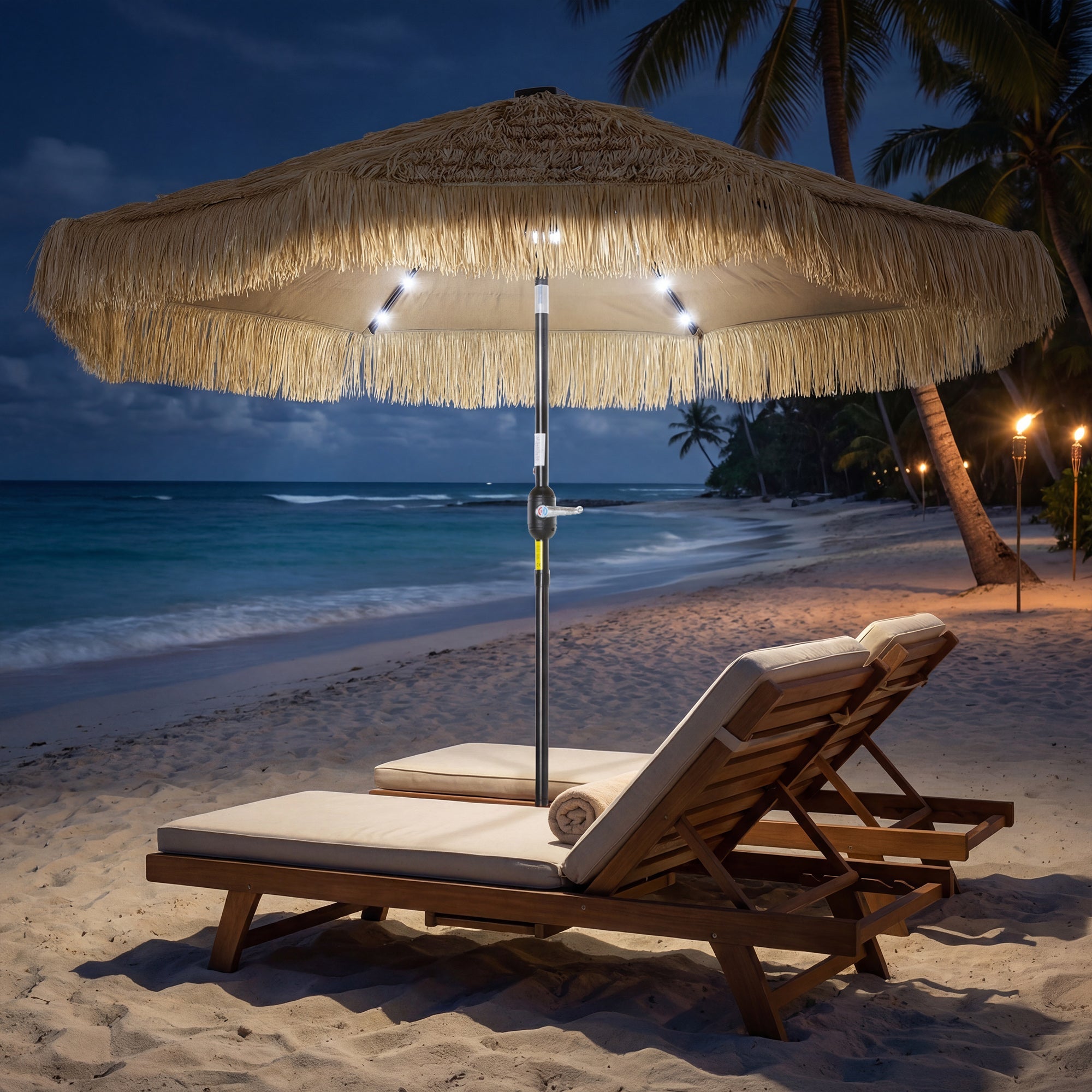 Outsunny: 9 ft (Khaki) Vented Air Straw Tasseled Hula Patio Umbrella with LED Solar Lights Plus Hand Crank and Tilt - GJB PRODUCTS