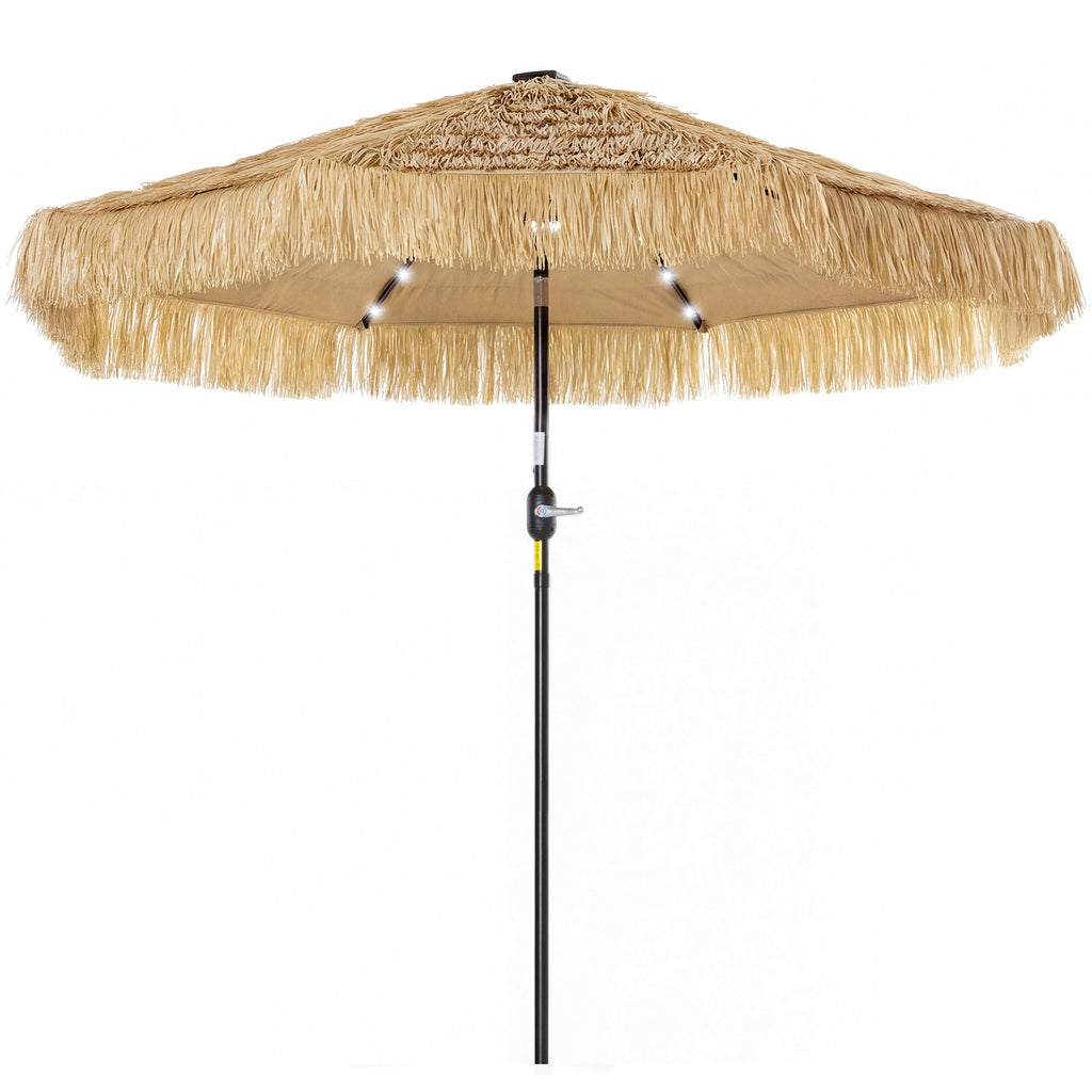 Outsunny: 9 ft (Khaki) Vented Air Straw Tasseled Hula Patio Umbrella with LED Solar Lights Plus Hand Crank and Tilt - GJB PRODUCTS