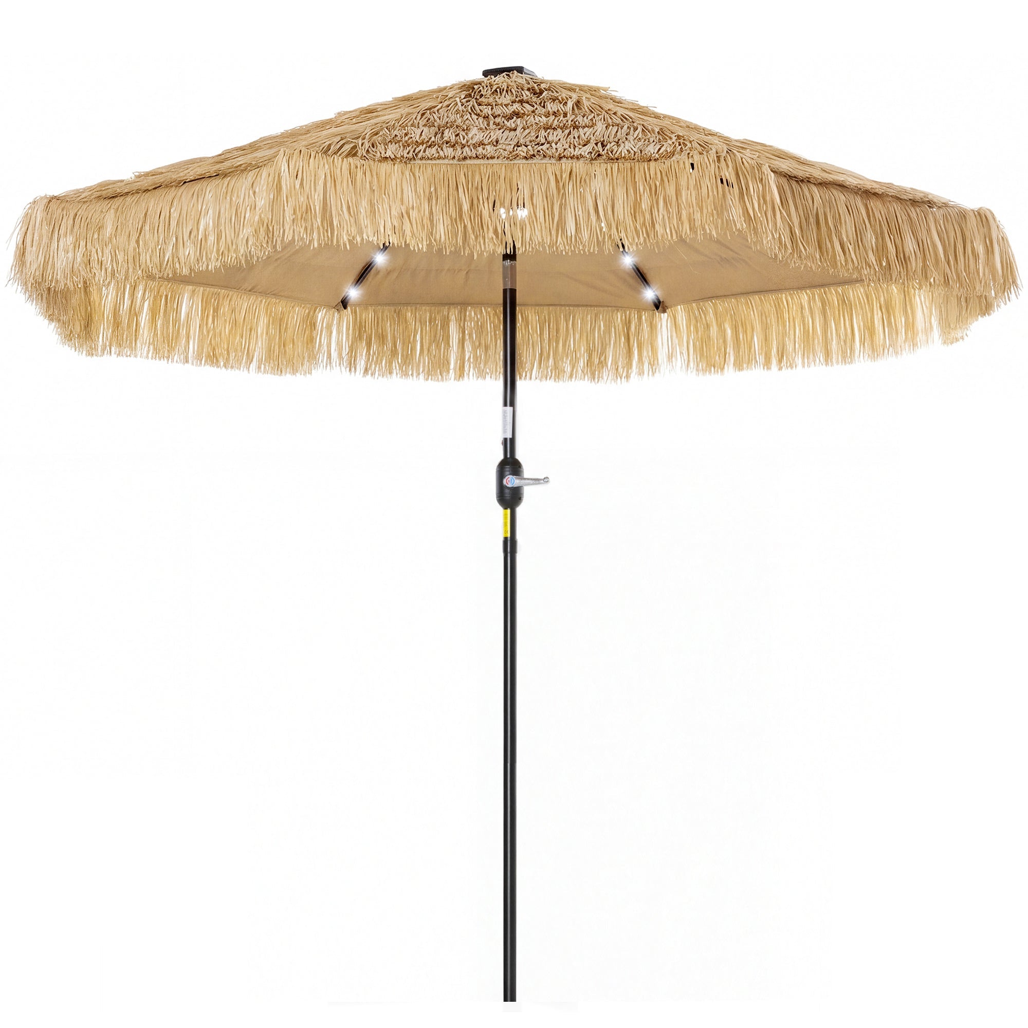 Outsunny: 9 ft (Khaki) Vented Air Straw Tasseled Hula Patio Umbrella with LED Solar Lights Plus Hand Crank and Tilt - GJB PRODUCTS