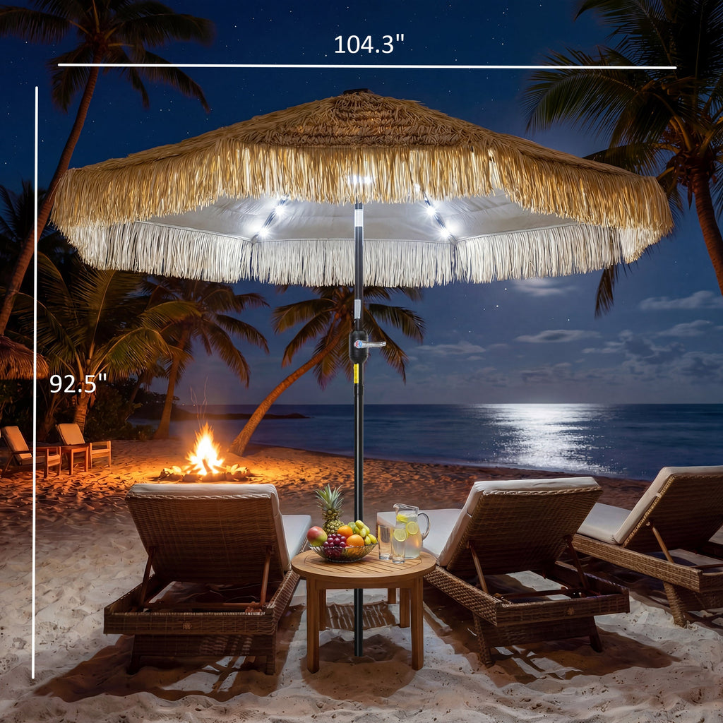Outsunny: 9 ft (Khaki) Vented Air Straw Tasseled Hula Patio Umbrella with LED Solar Lights Plus Hand Crank and Tilt - GJB PRODUCTS